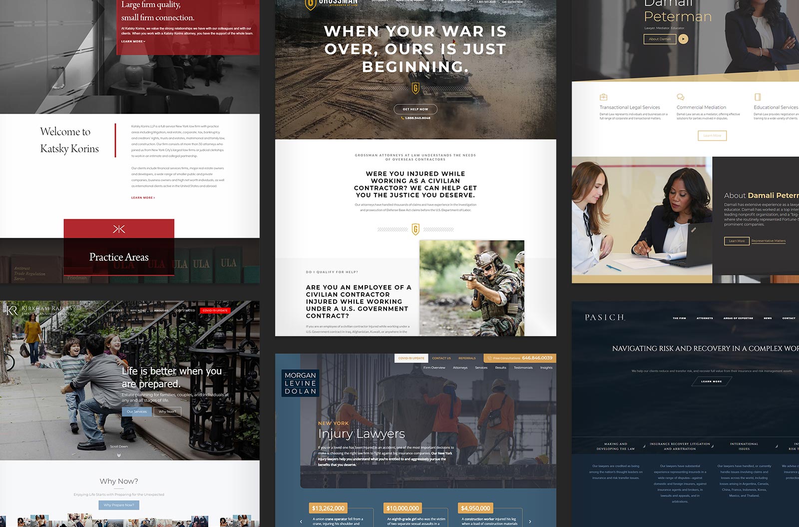 A collage of nine law firm website homepages featuring lawyer portraits, headlines, navigation menus, text sections, and various color schemes.
