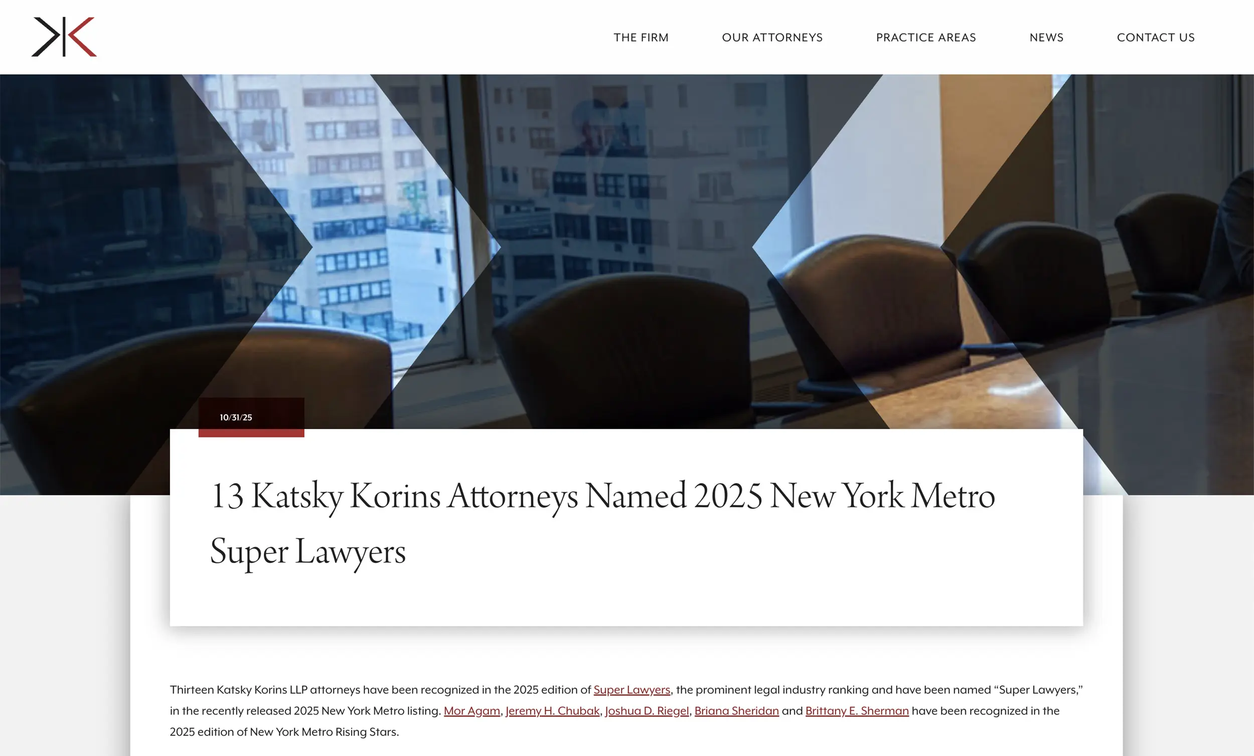 A website page announcing that 13 Katsky Korins attorneys were named 2025 New York Metro Super Lawyers, featuring a conference room and city buildings in the background with ADA Website Compliance ensured.