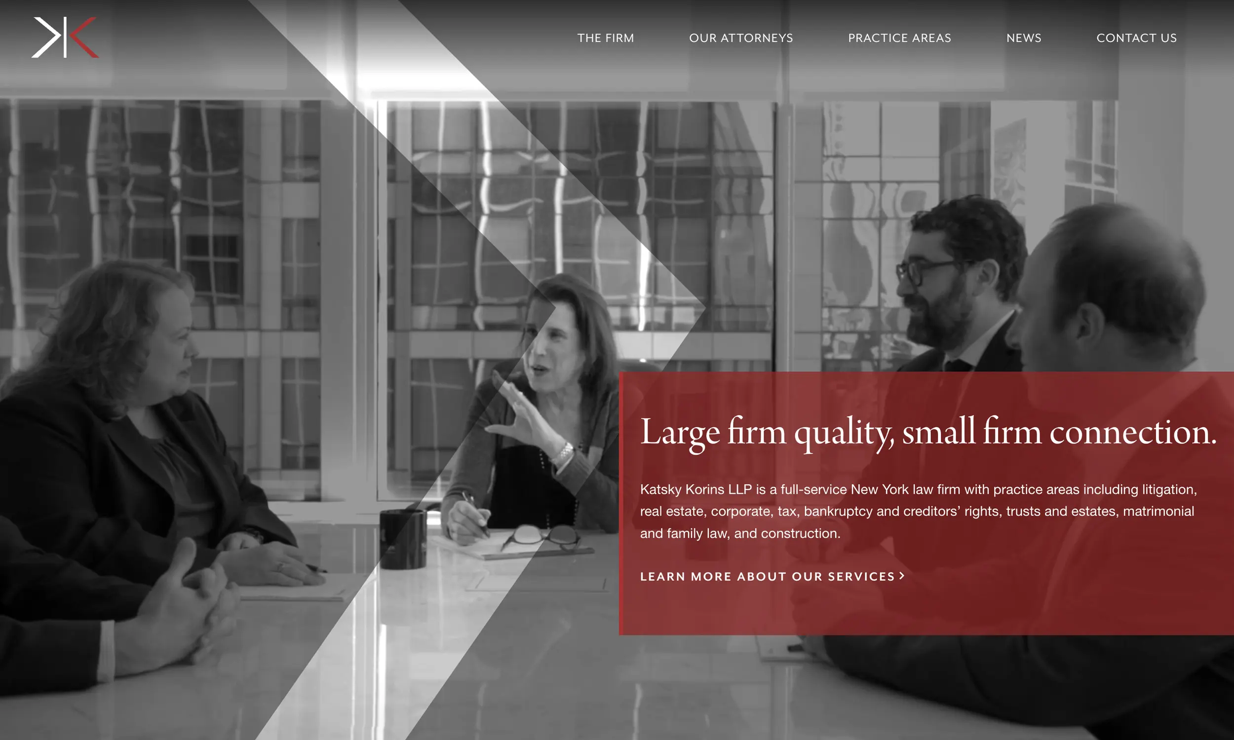 Katsky Korins desktop homepage hero with “Large firm quality, small firm connection.” headline and services overview