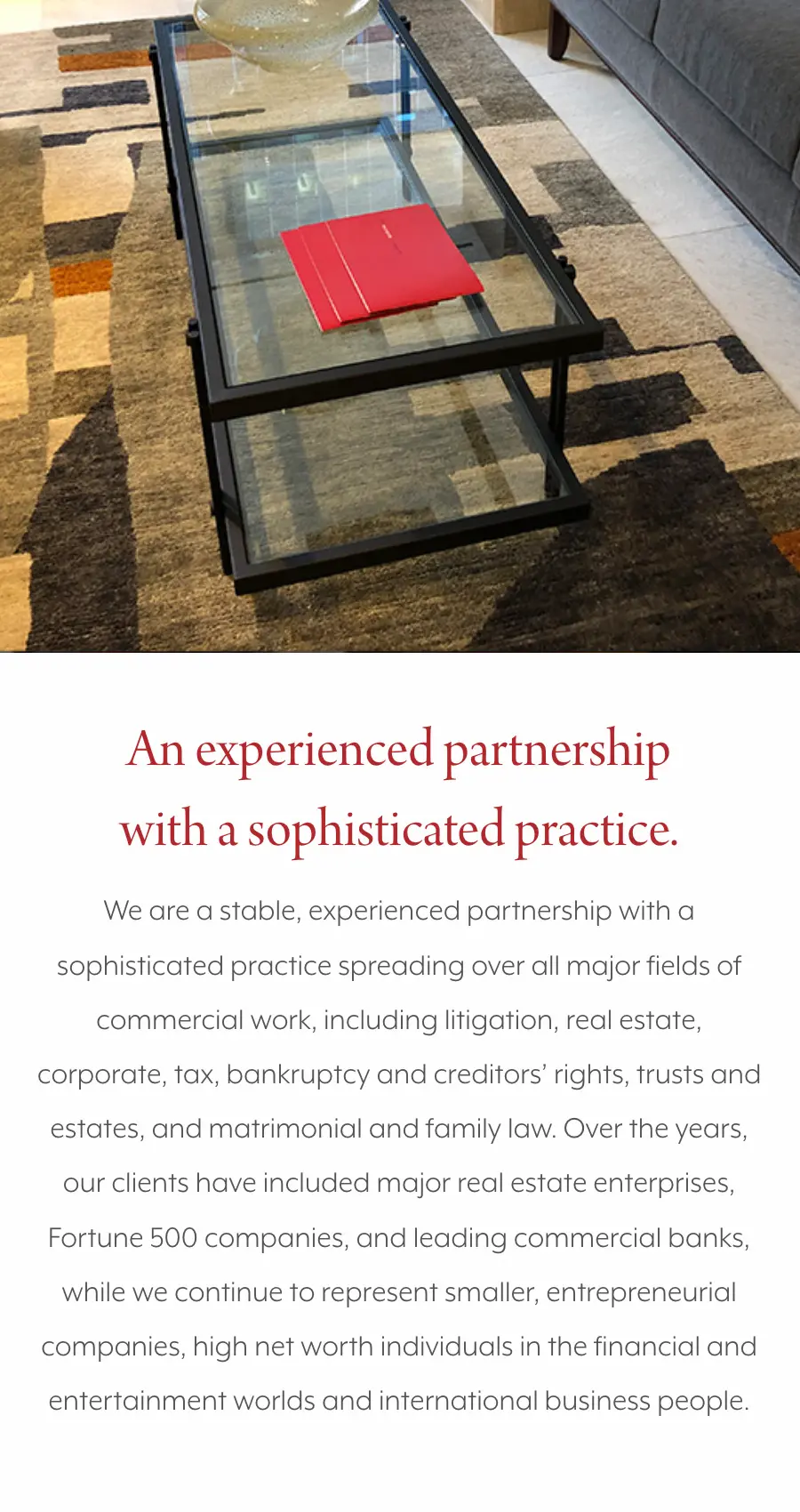 Katsky Korins mobile view featuring “An experienced partnership with a sophisticated practice.” section and firm description