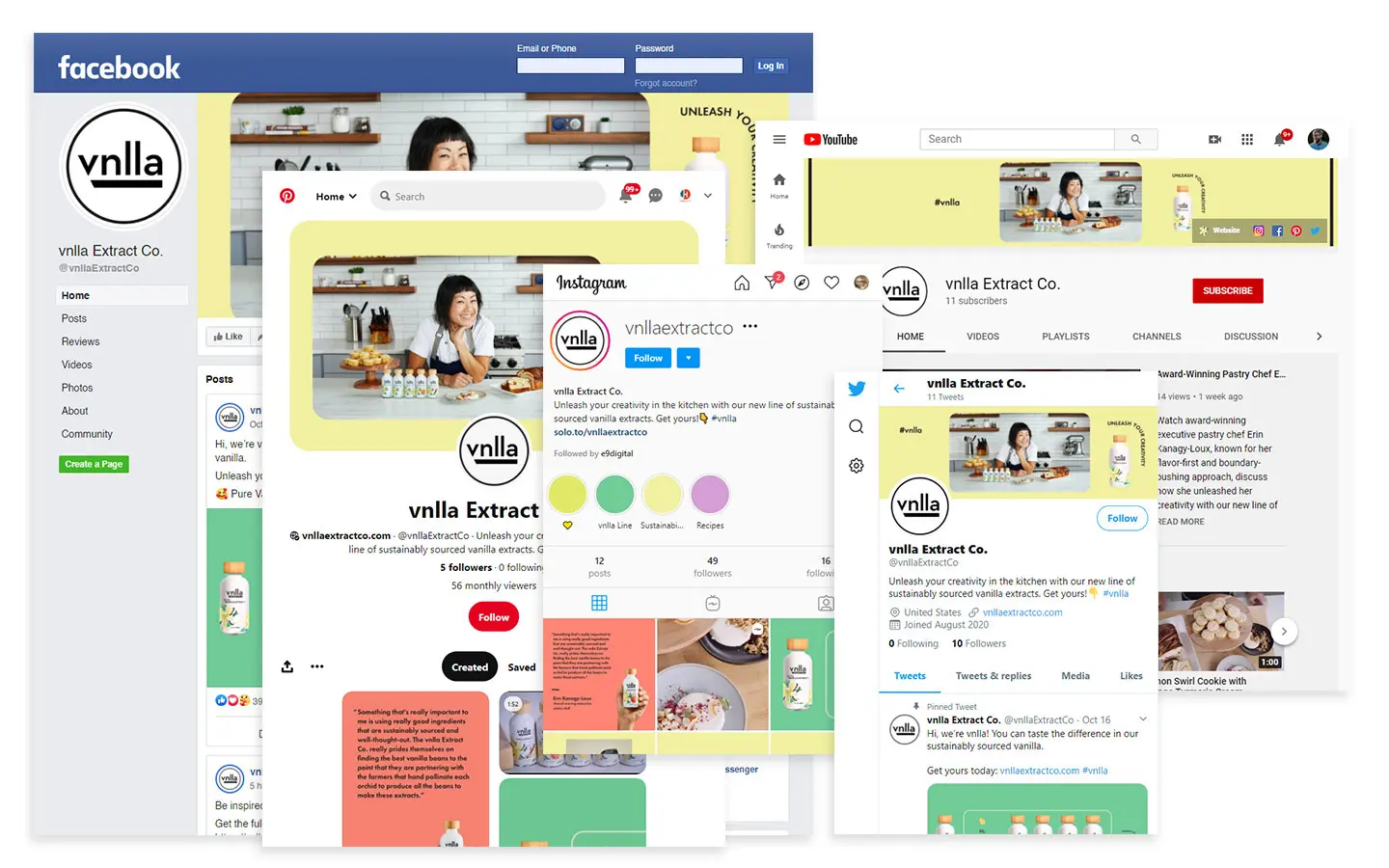 A collage showcasing vnlla Extract Co.'s social media profiles—Facebook, Instagram, Twitter, Pinterest, and YouTube—all featuring cohesive branding, images, and the website design for ecommerce.