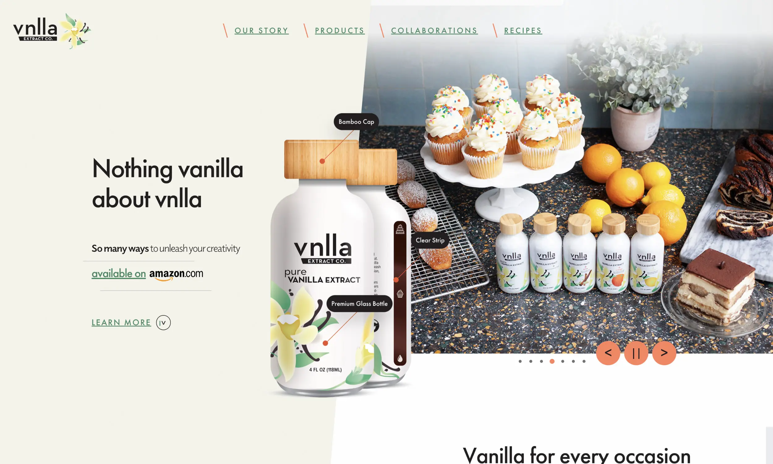 vnlla extract desktop homepage hero featuring pure vanilla extract bottle, product highlights, and “Nothing vanilla about vnlla” headline