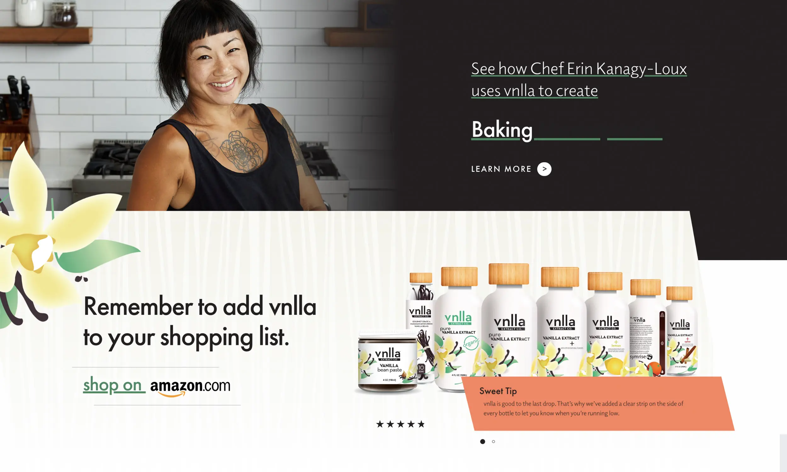 A woman with tattoos smiles in a kitchen above an ad for vnlla vanilla products, reminding you to add vnlla to your shopping list. Explore more, including website design for ecommerce tips and Amazon shopping links.