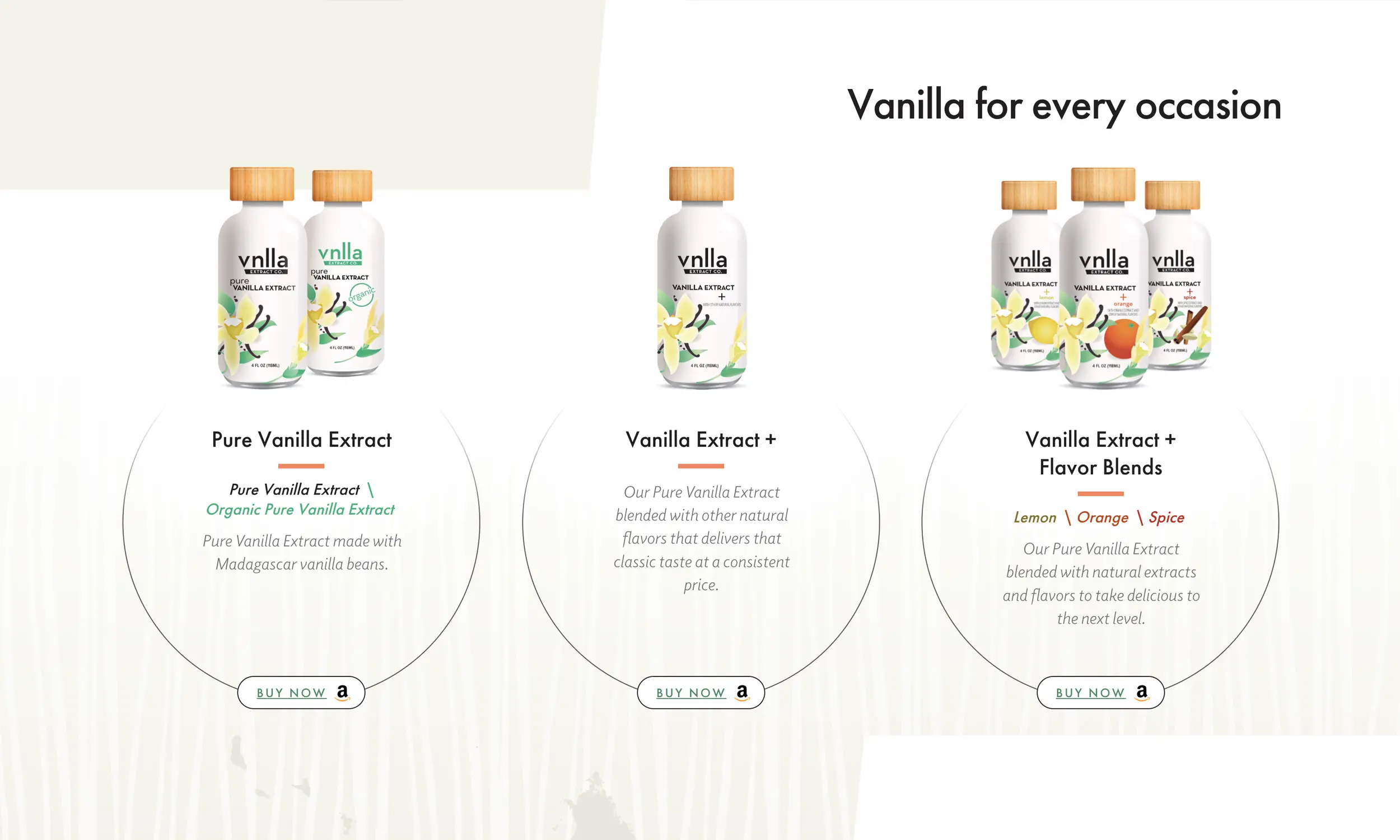 Three types of vanilla extract bottles displayed side by side, each with different labels: Pure Vanilla Extract, Vanilla Extract +, and Vanilla Extract Flavor Blends—perfect for showcasing on a website design for ecommerce.