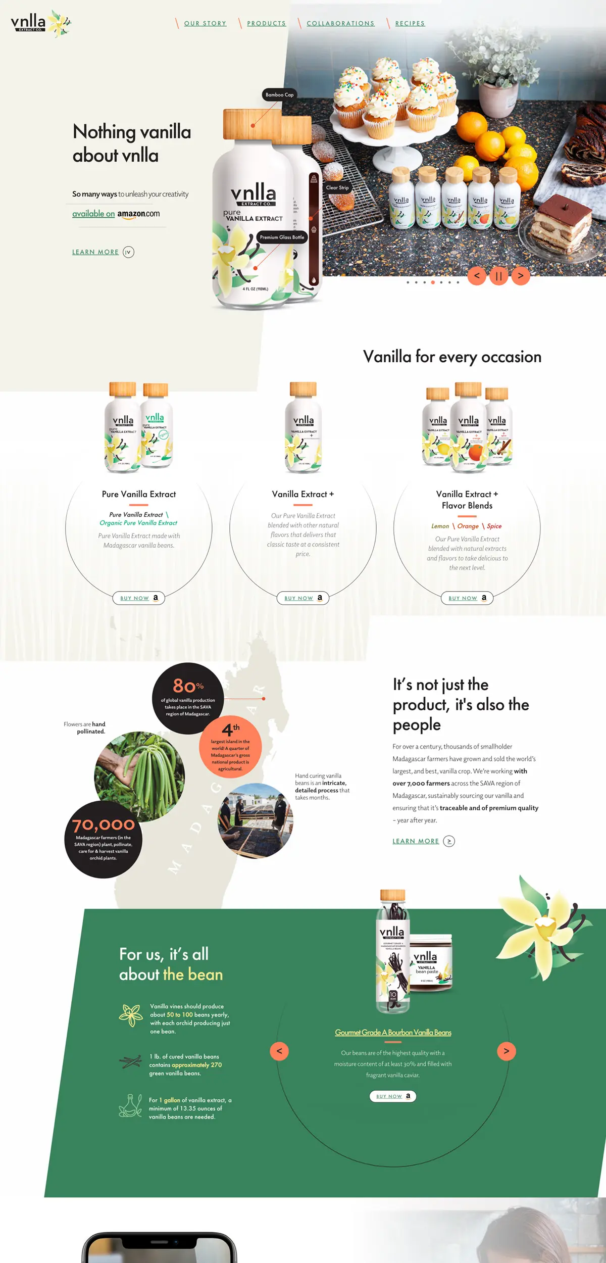 Screenshot of a website design for ecommerce, promoting vanilla products with product images, detailed descriptions, and sections highlighting different vanilla extracts and their sources.