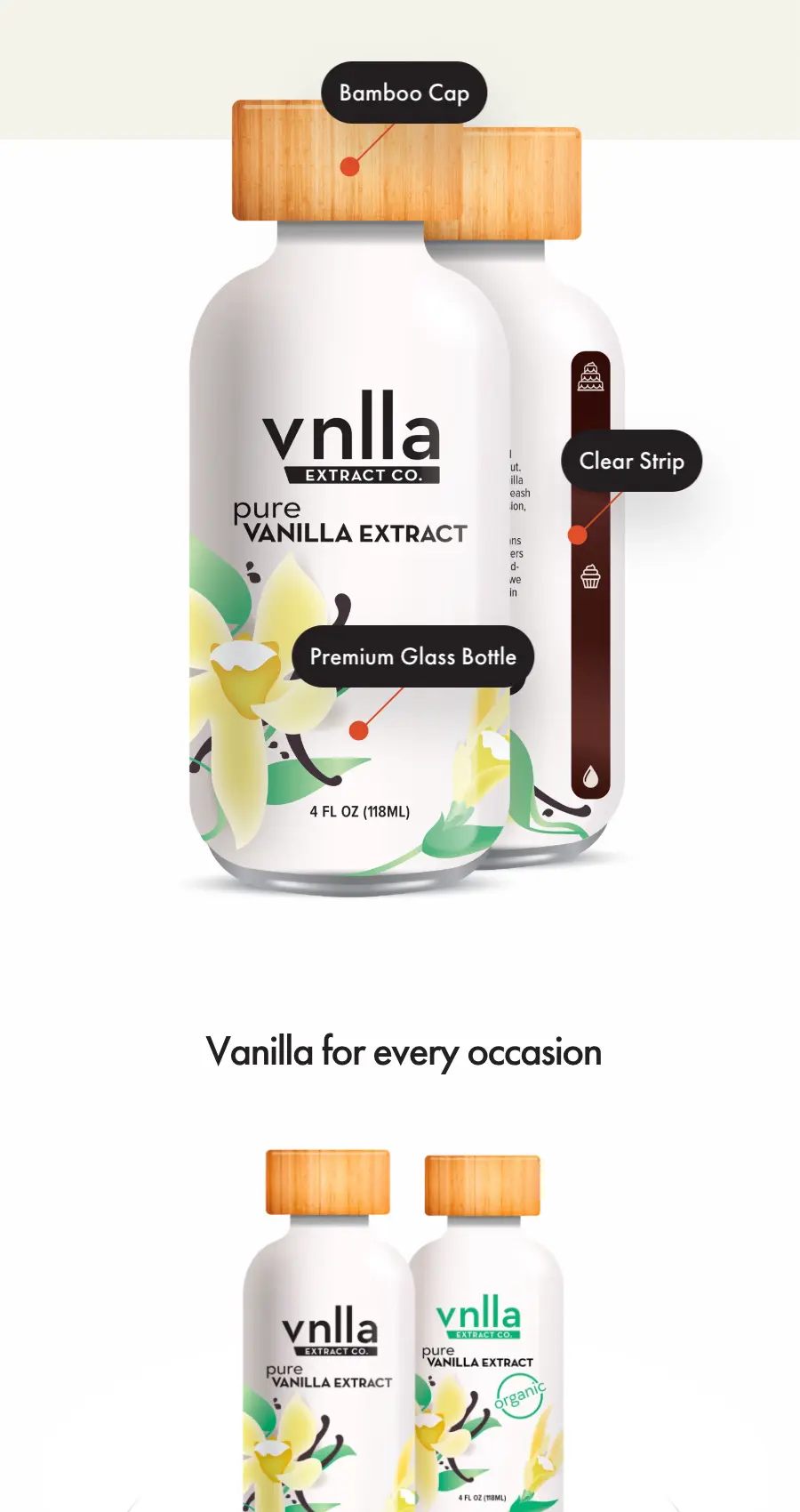 Two bottles of vanilla extract with bamboo caps and minimalist labels, perfect for showcasing on a website design for ecommerce—ideal for those seeking "vanilla for every occasion.