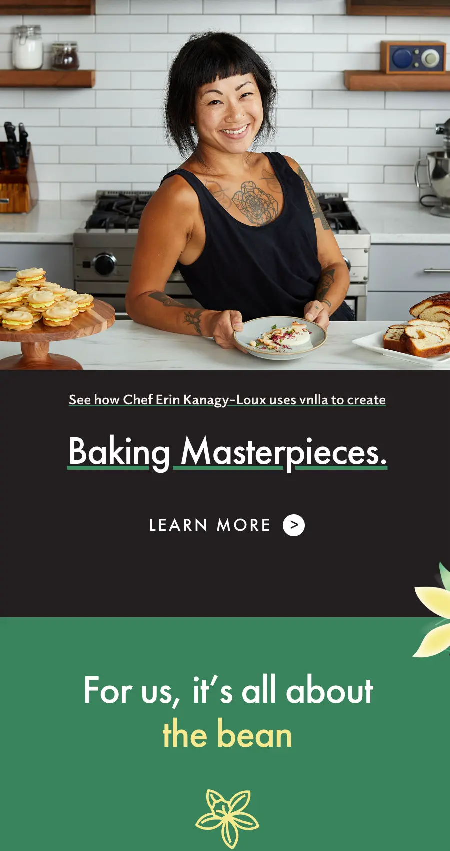 vnlla extract mobile view with chef collaboration feature, “Baking Masterpieces” section, and brand story content