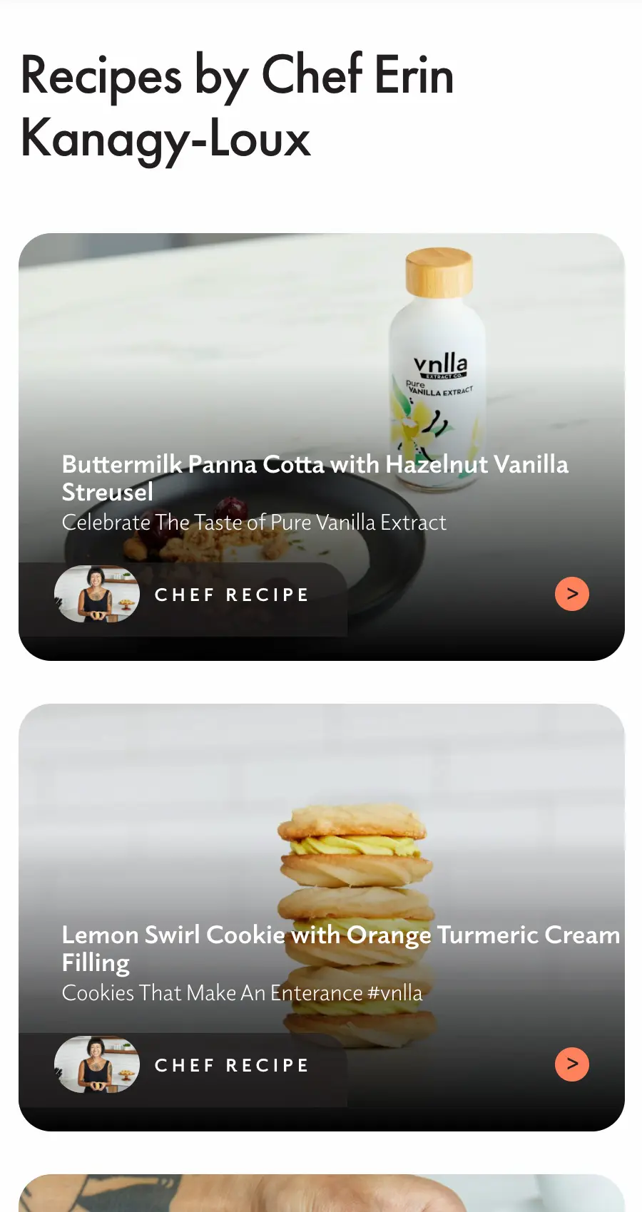 Screenshot of a website design for ecommerce, featuring two recipes: Buttermilk Panna Cotta with Hazelnut Vanilla Streusel and Lemon Swirl Cookie with Orange Turmeric Cream Filling.