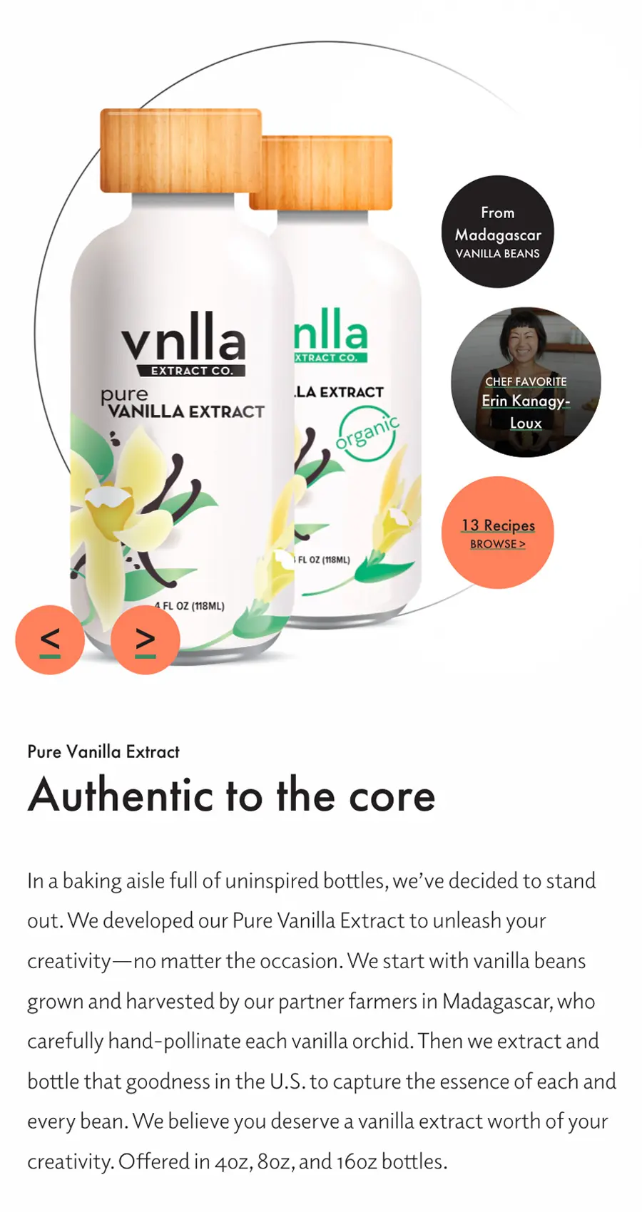 Two bottles of vnlla pure vanilla extract, one large and one small, displayed with yellow vanilla flowers—perfect for adding to your cart on a beautiful website design for ecommerce that highlights the product’s origin, uses, and bottle sizes.