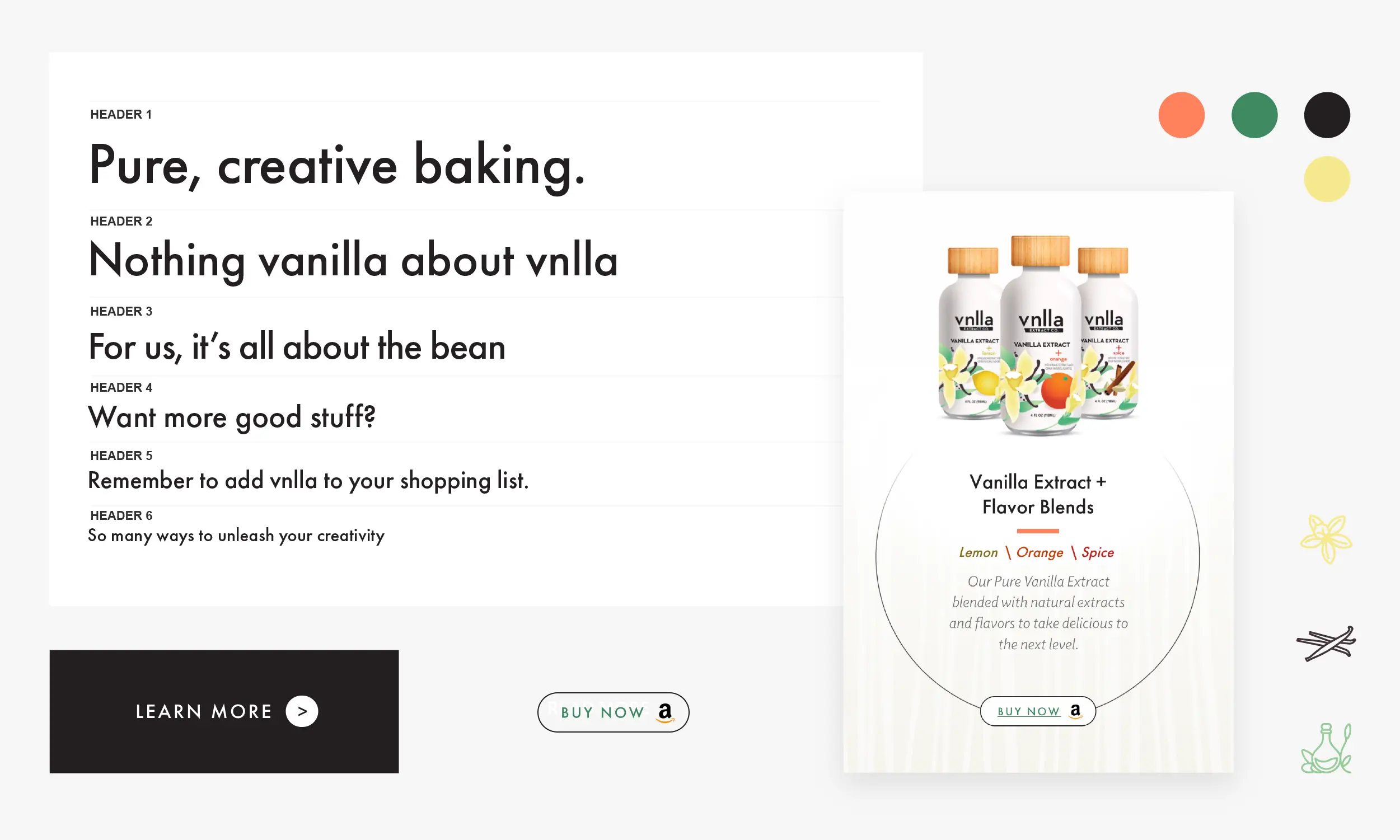 Screenshot of a website design for ecommerce promoting “vnlla” vanilla extract products, highlighting creative baking ideas, product benefits, and offering buttons to learn more or buy now.