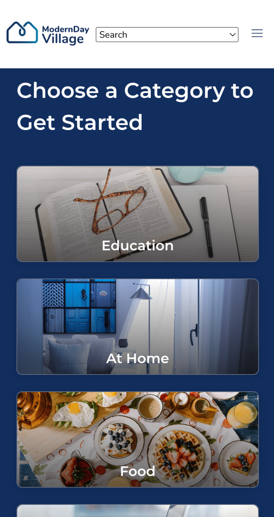 A mobile website screen displays three category options—Education, At Home, and Food—each with a representative image and labeled button to support networking for moms.