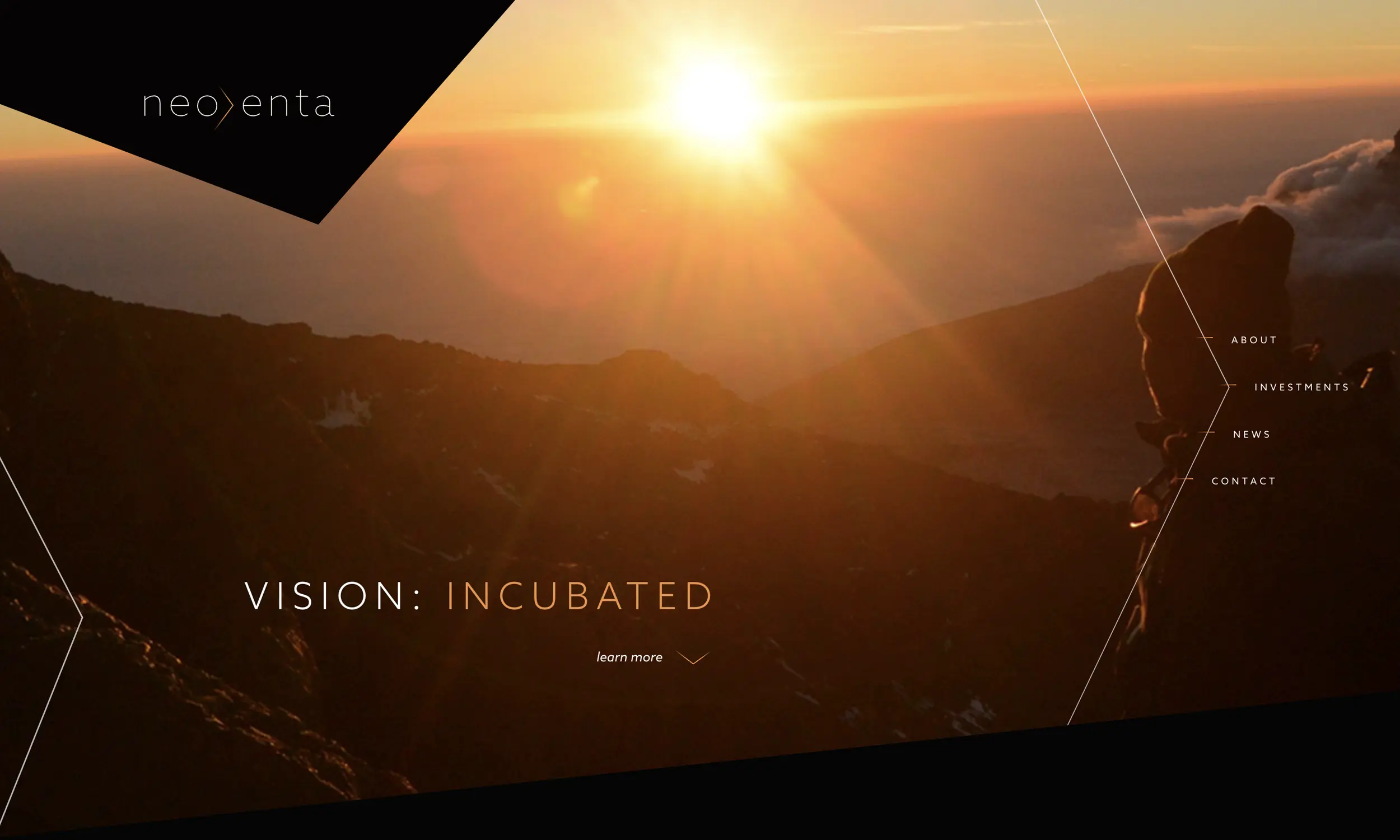 A person stands on a mountain at sunset with the sun shining brightly, next to menu options and the text “VISION: INCUBATED”—capturing inspiration for website design for healthcare.