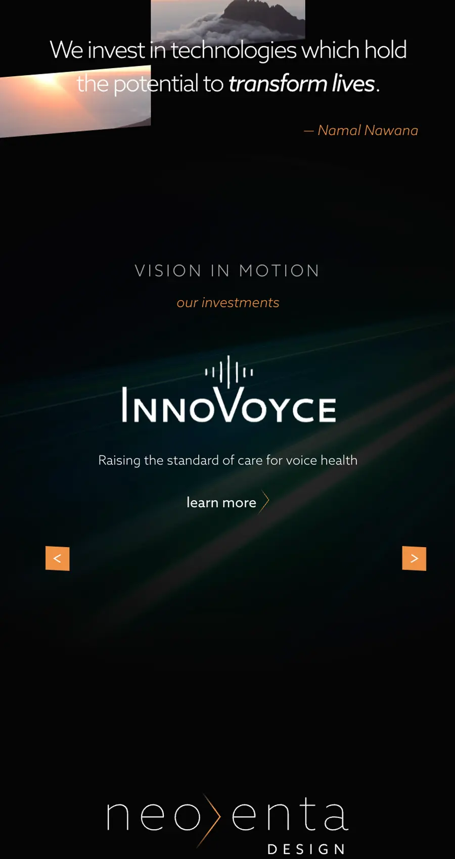 Screenshot with the text “We invest in technologies which hold the potential to transform lives” and details about InnoVoyce, a voice health initiative by Neoenta Design, showcasing innovative website design for healthcare.