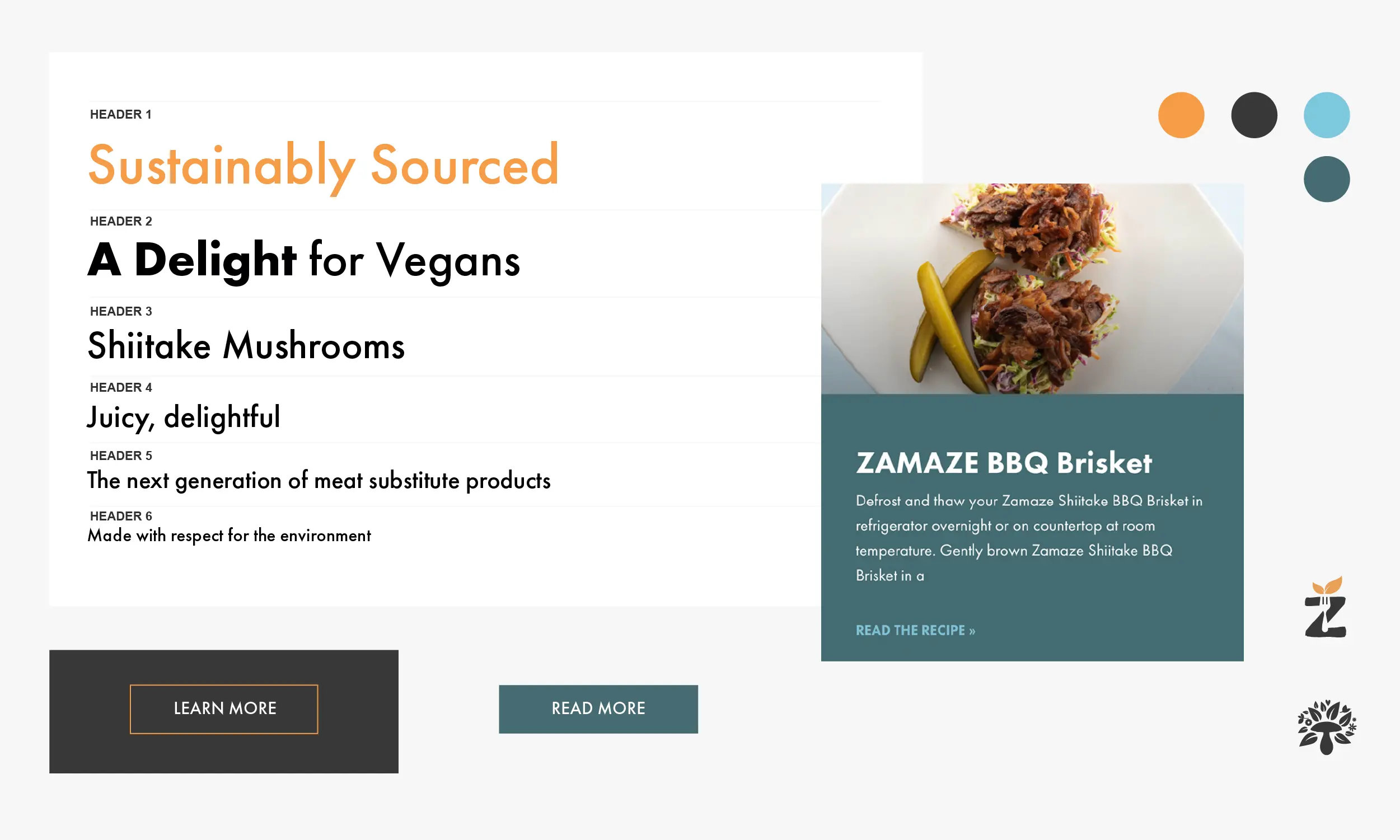 A presentation slide features text about sustainably sourced, vegan shiitake mushroom BBQ brisket, with a photo of the dish beside sliced pickles and corn.