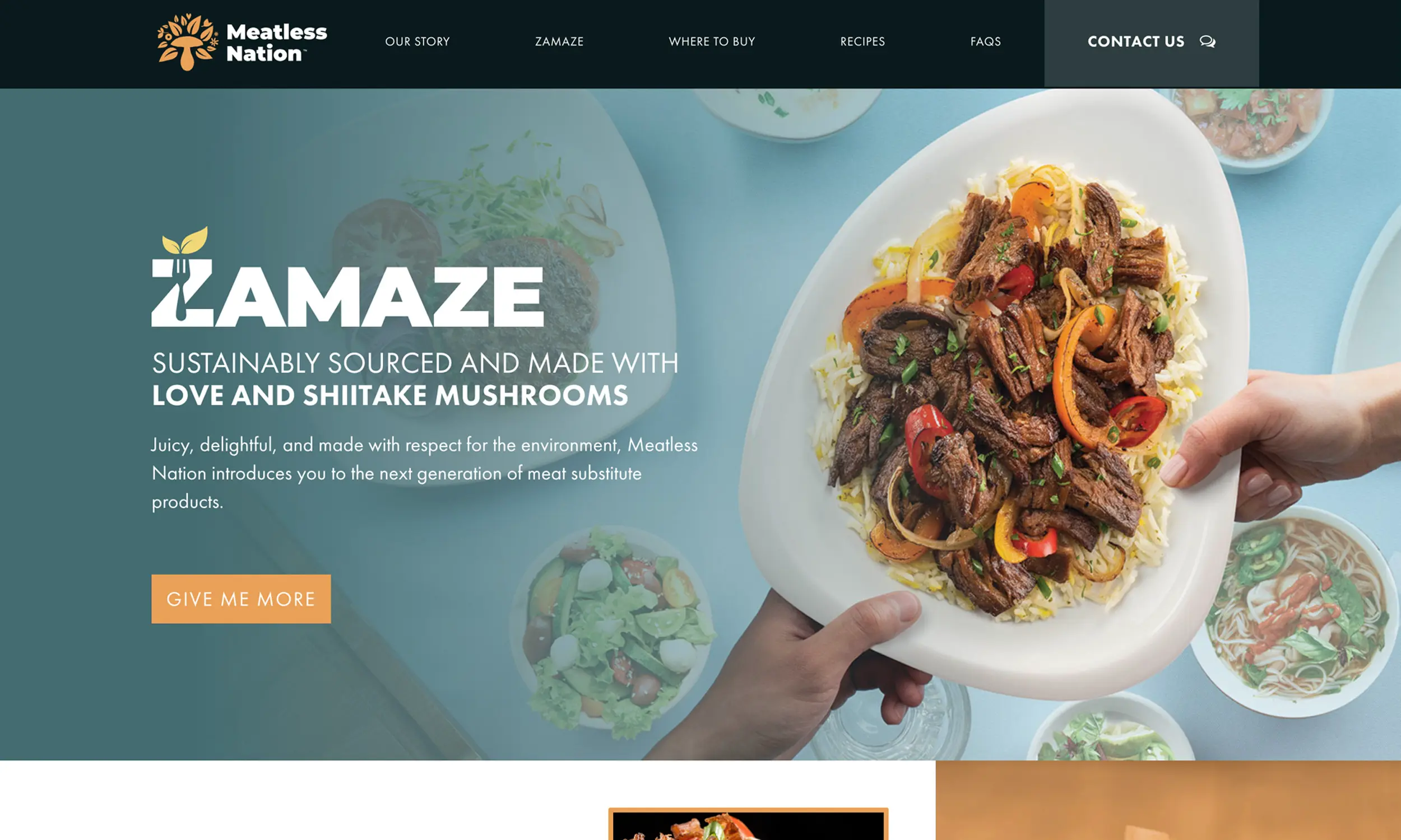 Meatless Nation desktop homepage hero featuring ZAMAZE product, plant based dish imagery, and “Sustainably Sourced and Made with Love and Shiitake Mushrooms” headline