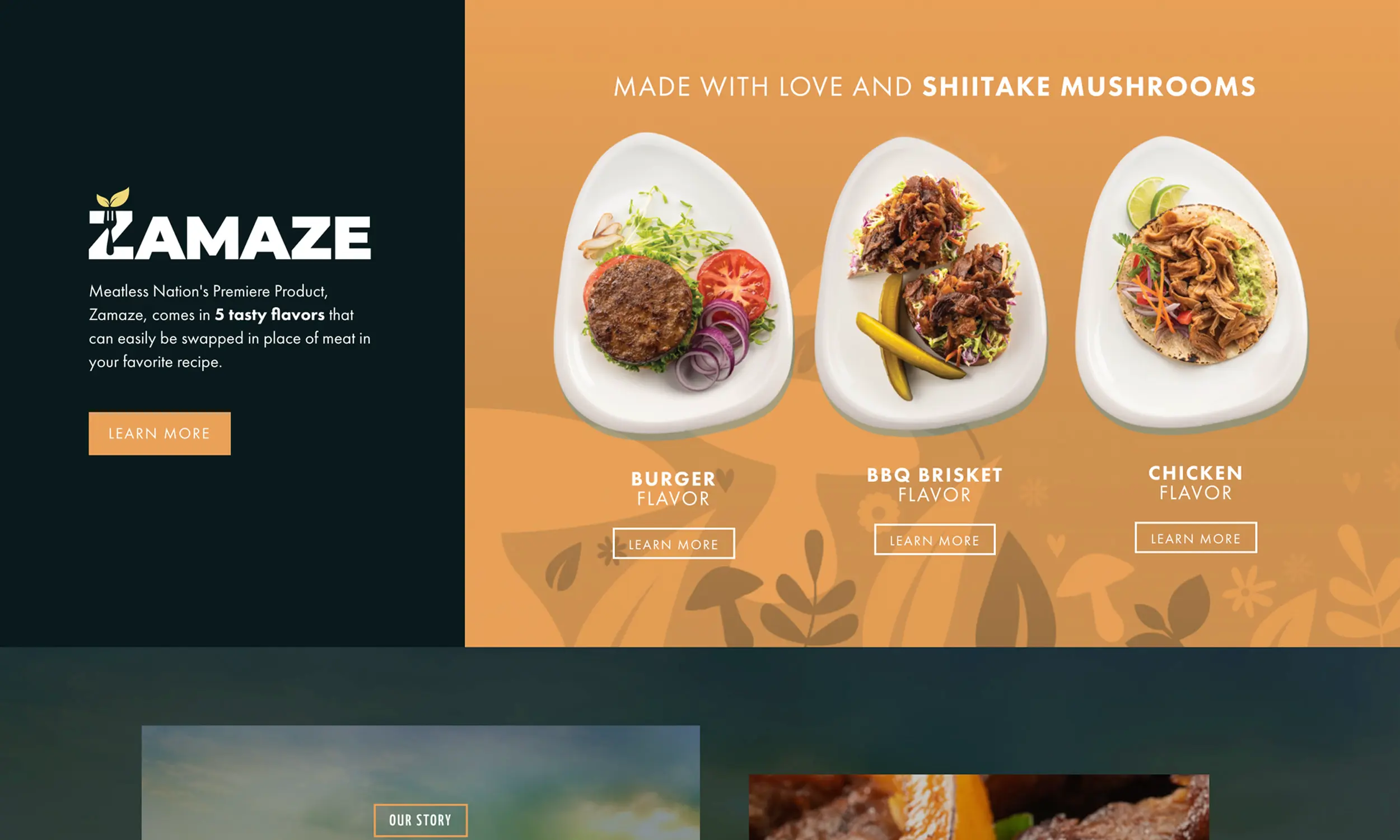 Three plated plant-based dishes labeled as Burger, BBQ Brisket, and Chicken flavor, made with shiitake mushrooms, displayed on an orange background.