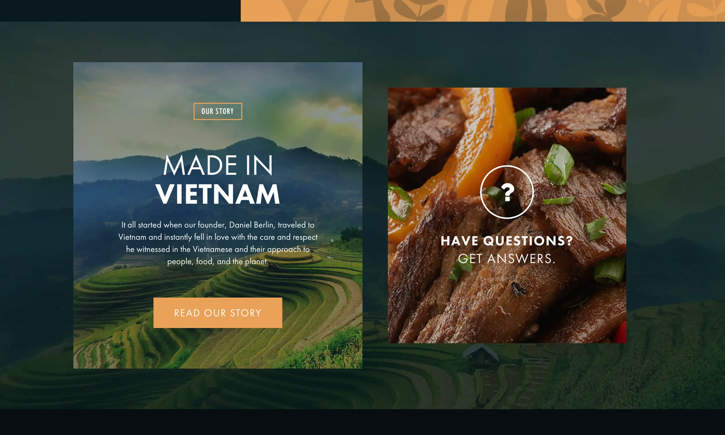 Left panel shows "Made in Vietnam" text over rice terraces; right panel has a close-up of cooked meat with "Have Questions? Get Answers.