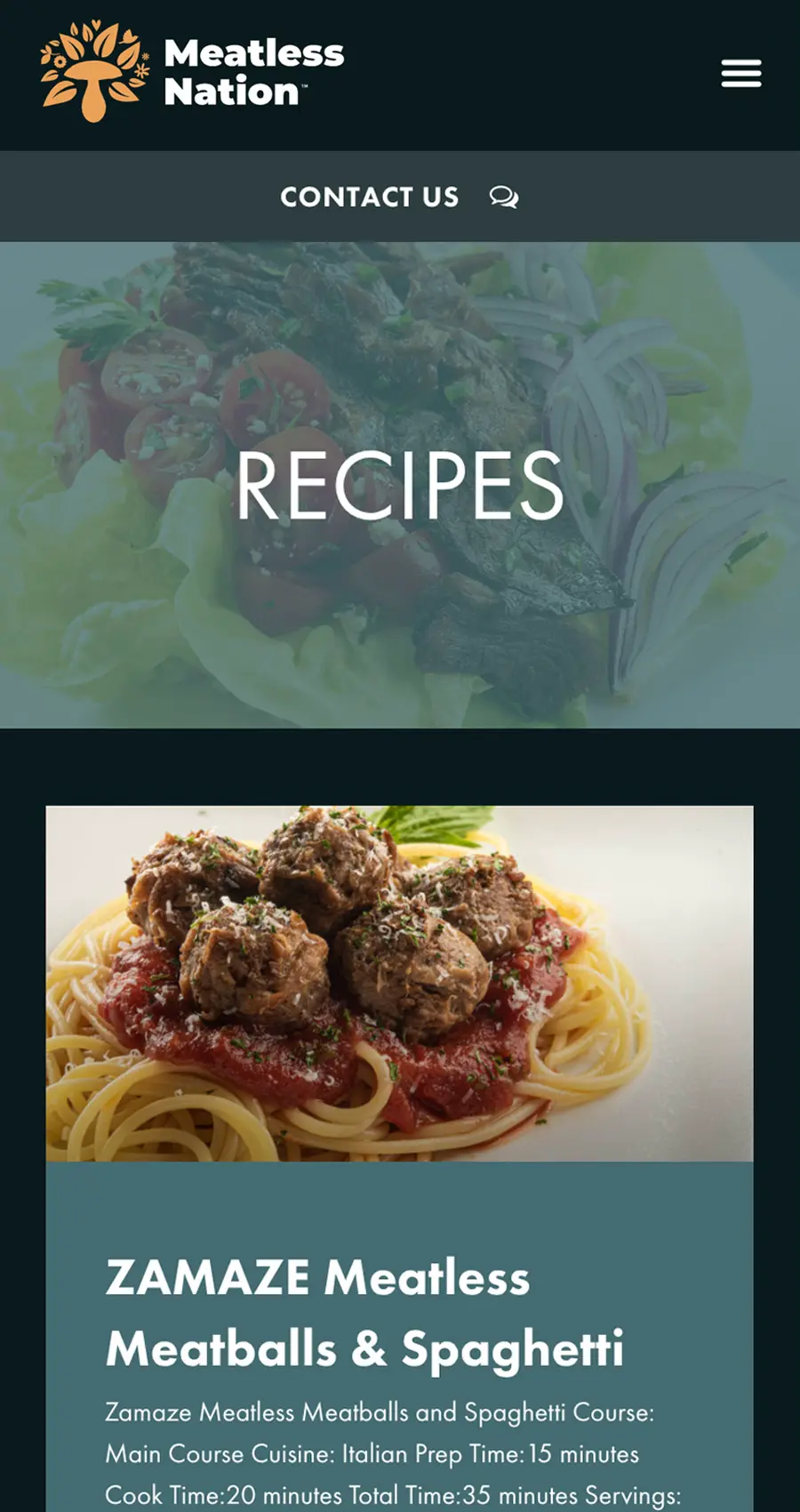 Meatless Nation mobile view with Recipes section and ZAMAZE Meatless Meatballs & Spaghetti recipe detail