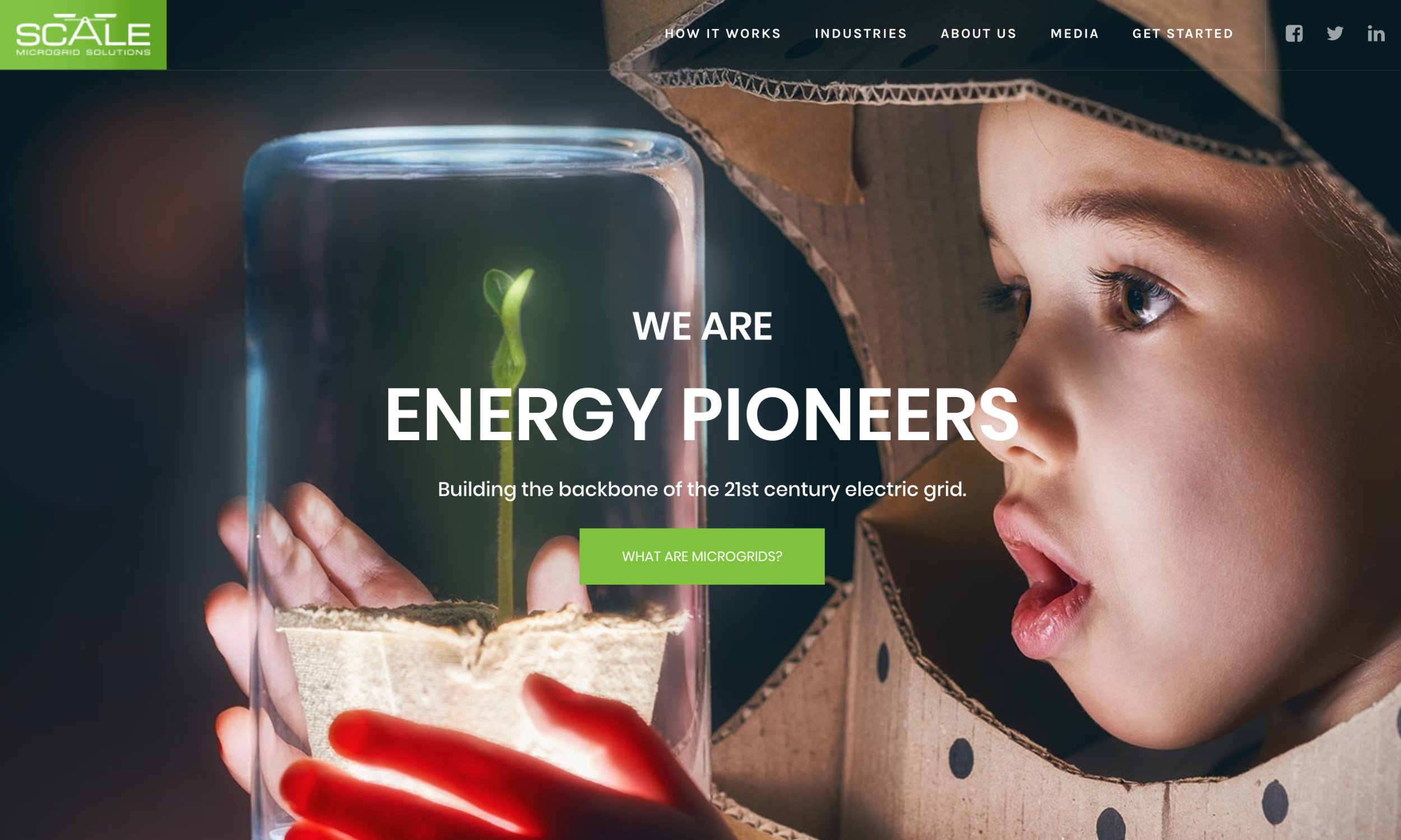 A child in a cardboard space helmet holds a glowing jar with a small green sprout inside, accompanied by the text “We are energy pioneers.”.