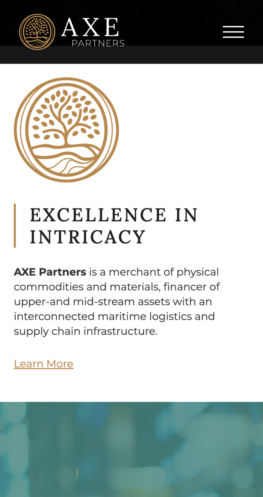 AXE Partners website screenshot showing the AXE Partners logo, navigation icon, and text describing the company as a commodities merchant and logistics financier.