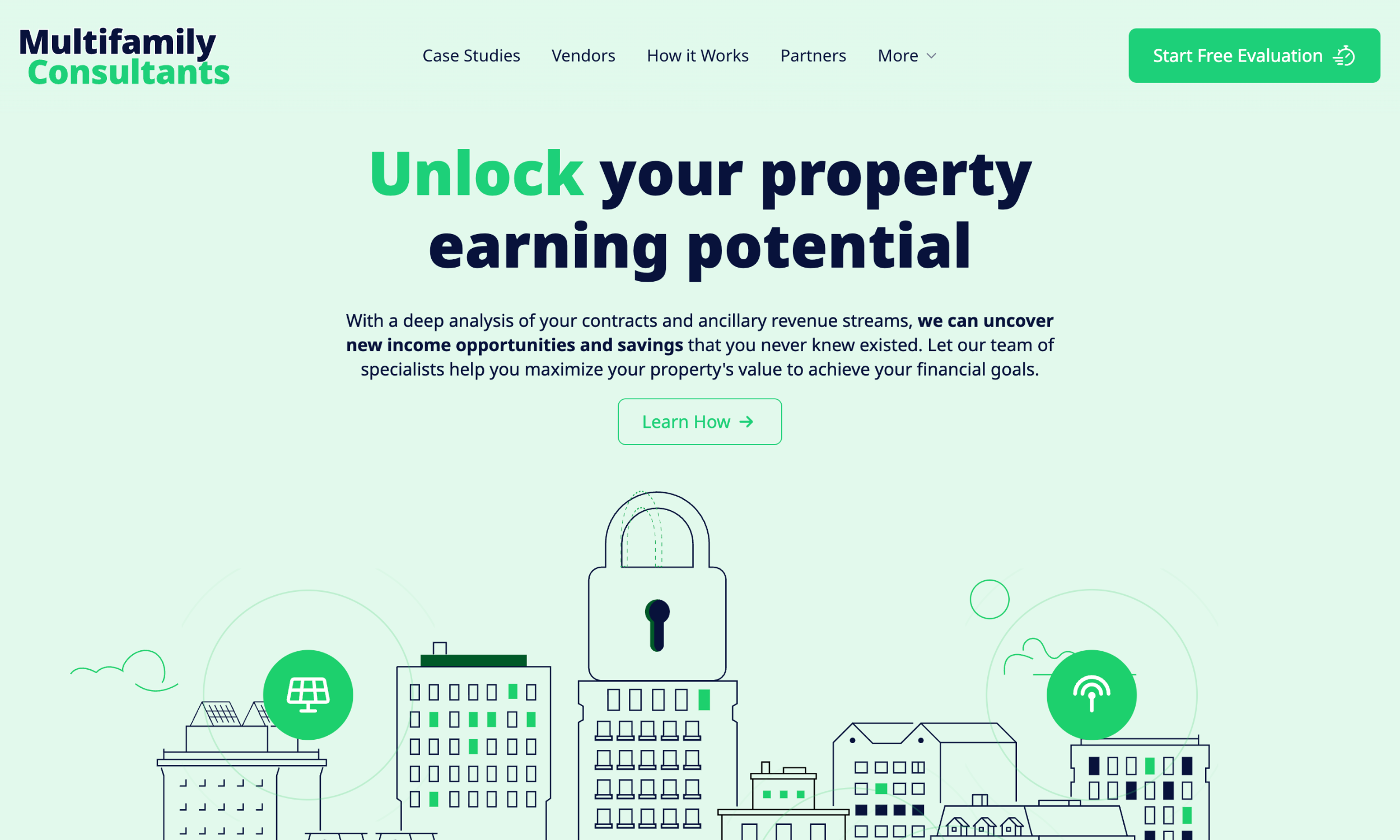 Website homepage for multifamily consultants featuring a headline about unlocking property earning potential, a lock icon, and a green "Start Free Evaluation" button.