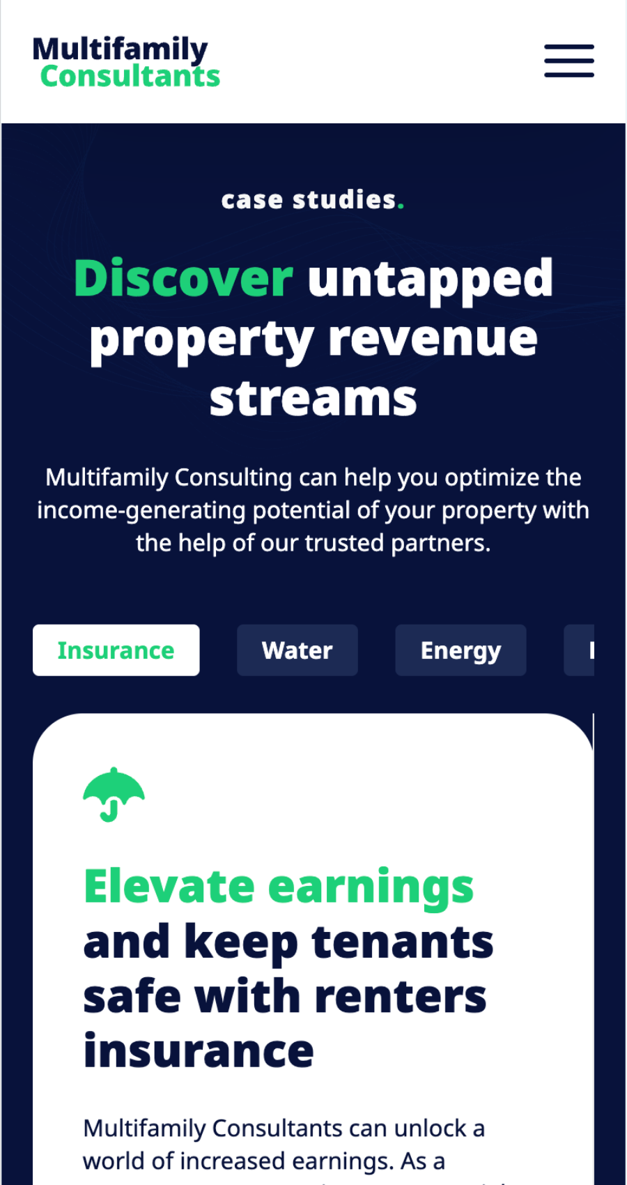 Screenshot of a website for multifamily consultants highlighting property revenue streams, case studies, and services like insurance, water, and energy solutions.