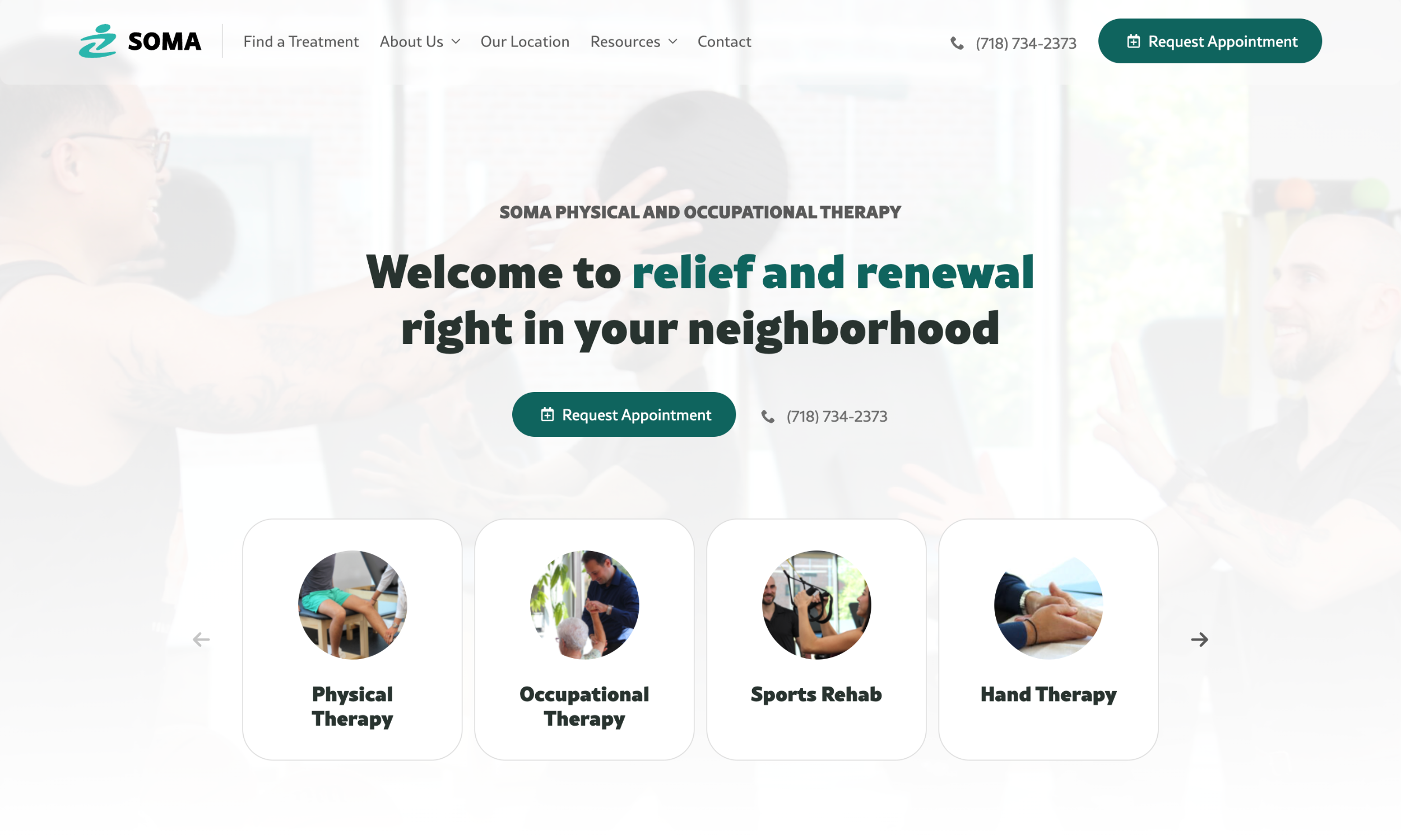 Homepage of Soma Physical Therapy, offering physical therapy, occupational therapy, sports rehab, and hand therapy. Two people are talking in the background.
