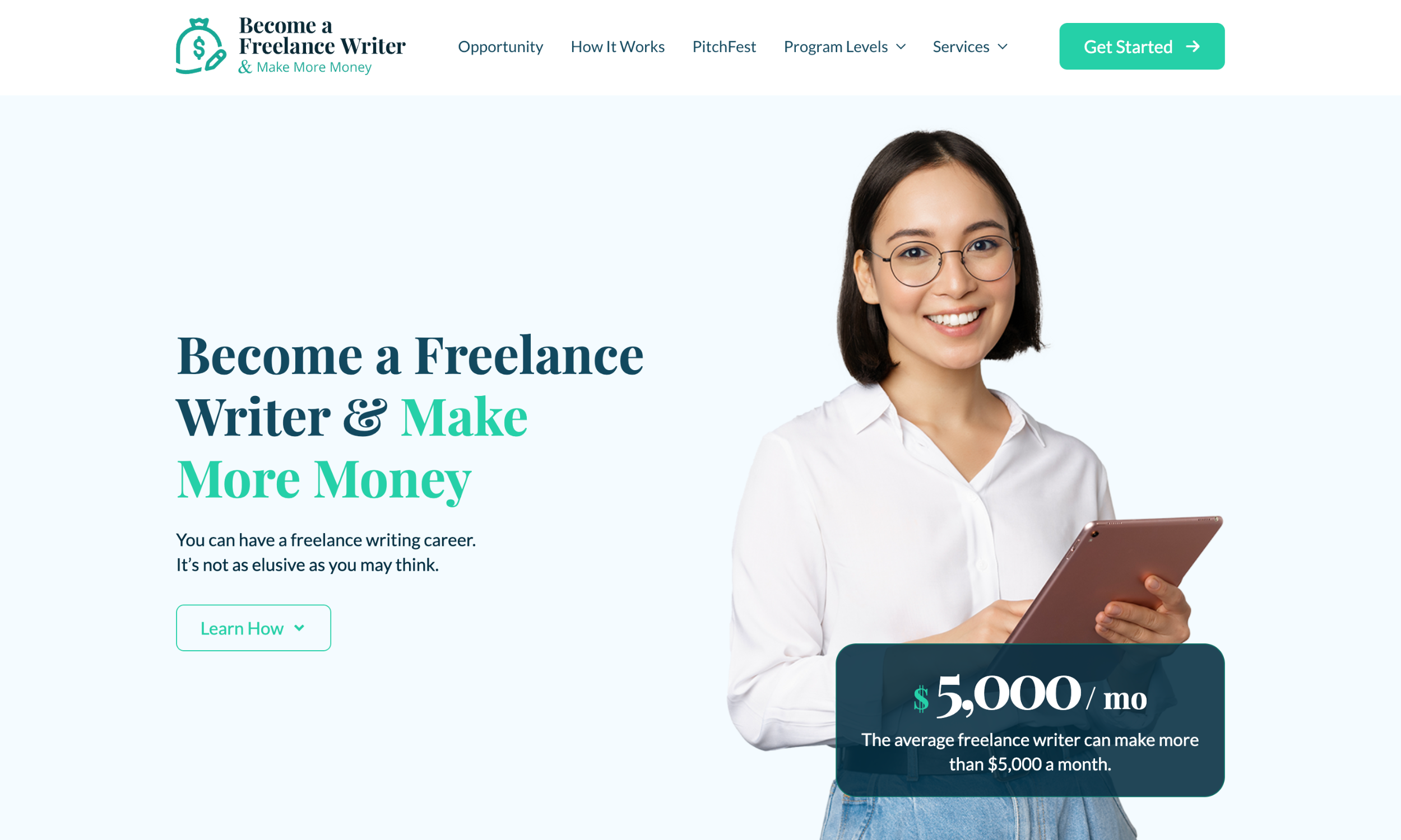 Smiling woman holding a tablet stands next to text promoting Freelance Writing Mastery, stating writers can earn over $5,000 per month and inviting users to learn more.
