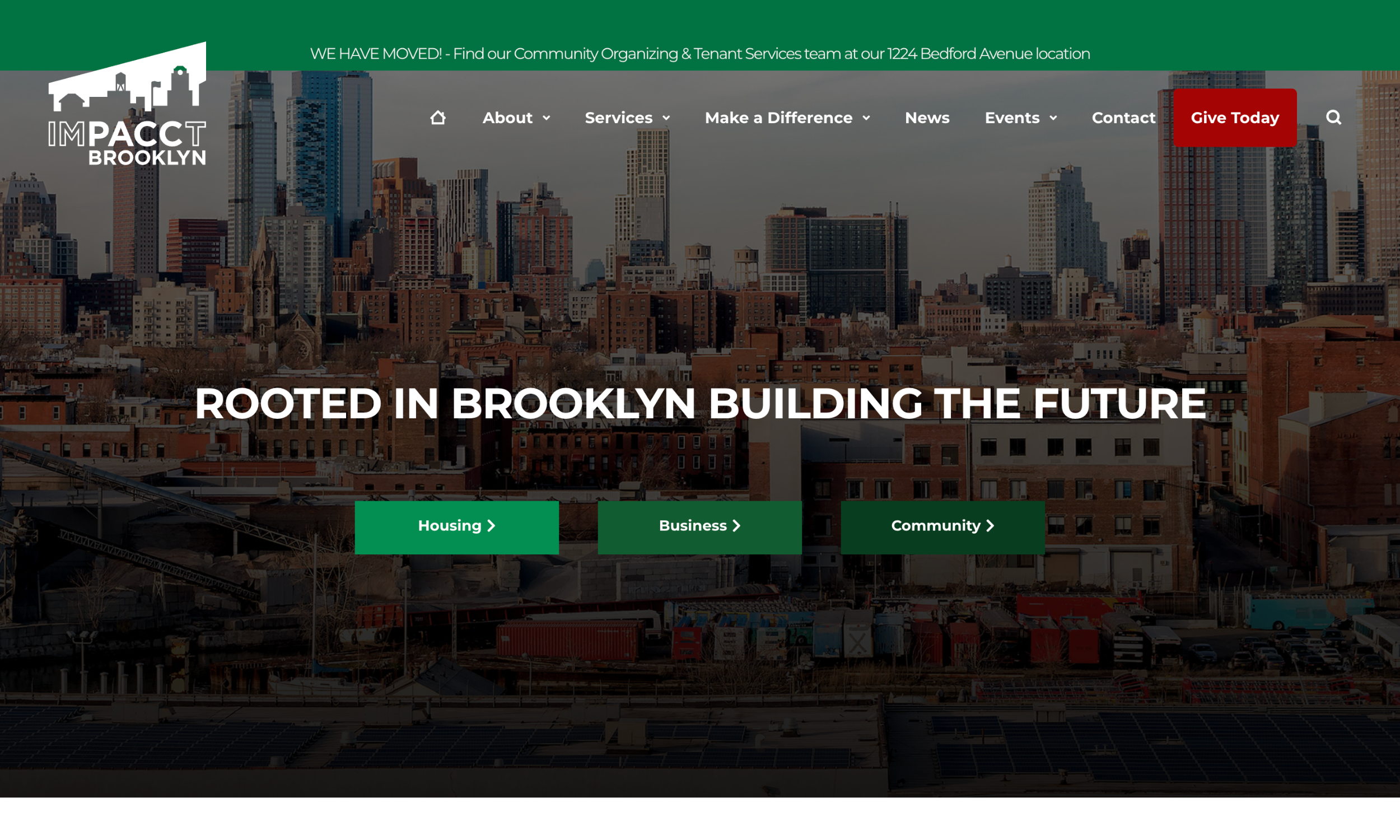 Screenshot of IMPACCT Brooklyn’s website homepage featuring the city skyline, navigation menu, and a banner stating "ROOTED IN BROOKLYN BUILDING THE FUTURE," plus options for Housing, Business, and Community—highlighting IMPACCT Brooklyn’s mission.