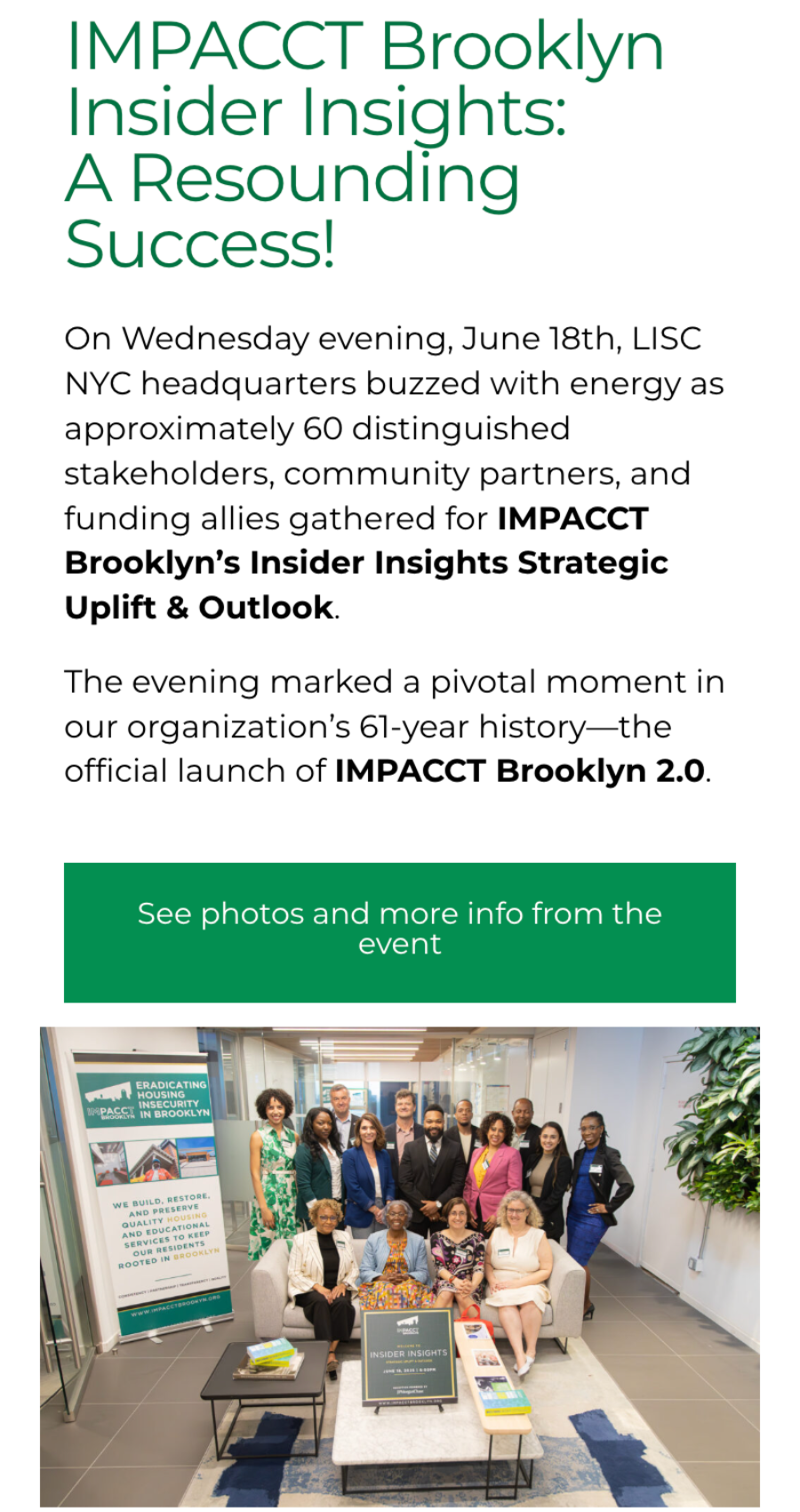 A group of people pose together indoors at the IMPACCT Brooklyn Insider Insights event, with some seated and others standing behind a sign and potted plant, showcasing the vibrant community spirit of IMPACCT Brooklyn.