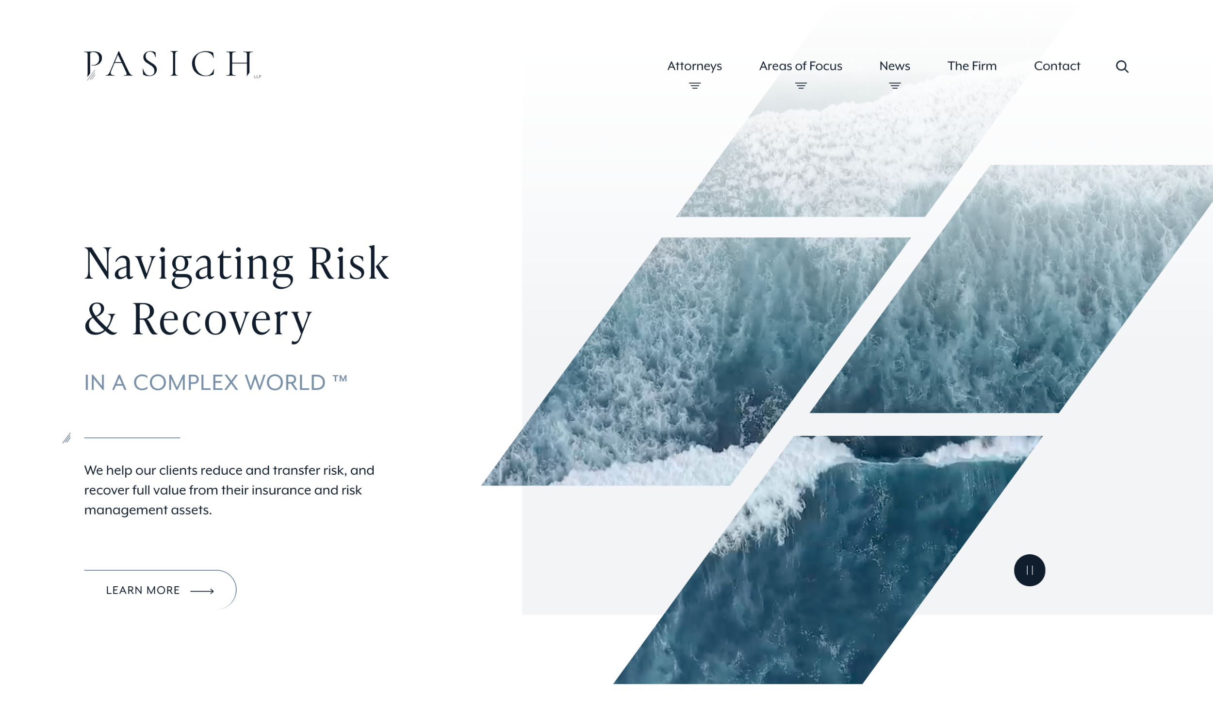 Website homepage for pasich LLP features ocean waves segmented by diagonal white bars, with text about navigating risk and recovery for clients. Navigation menu is at the top right.