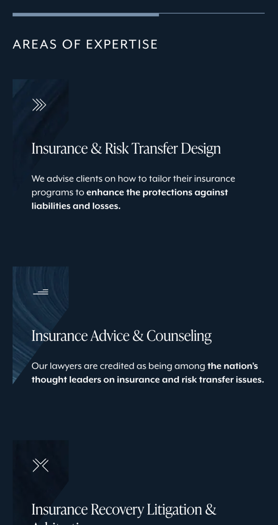 Screenshot listing areas of expertise at pasich LLP: Insurance & Risk Transfer Design, Insurance Advice & Counseling, and Insurance Recovery Litigation & Arbitration, each with brief descriptions.