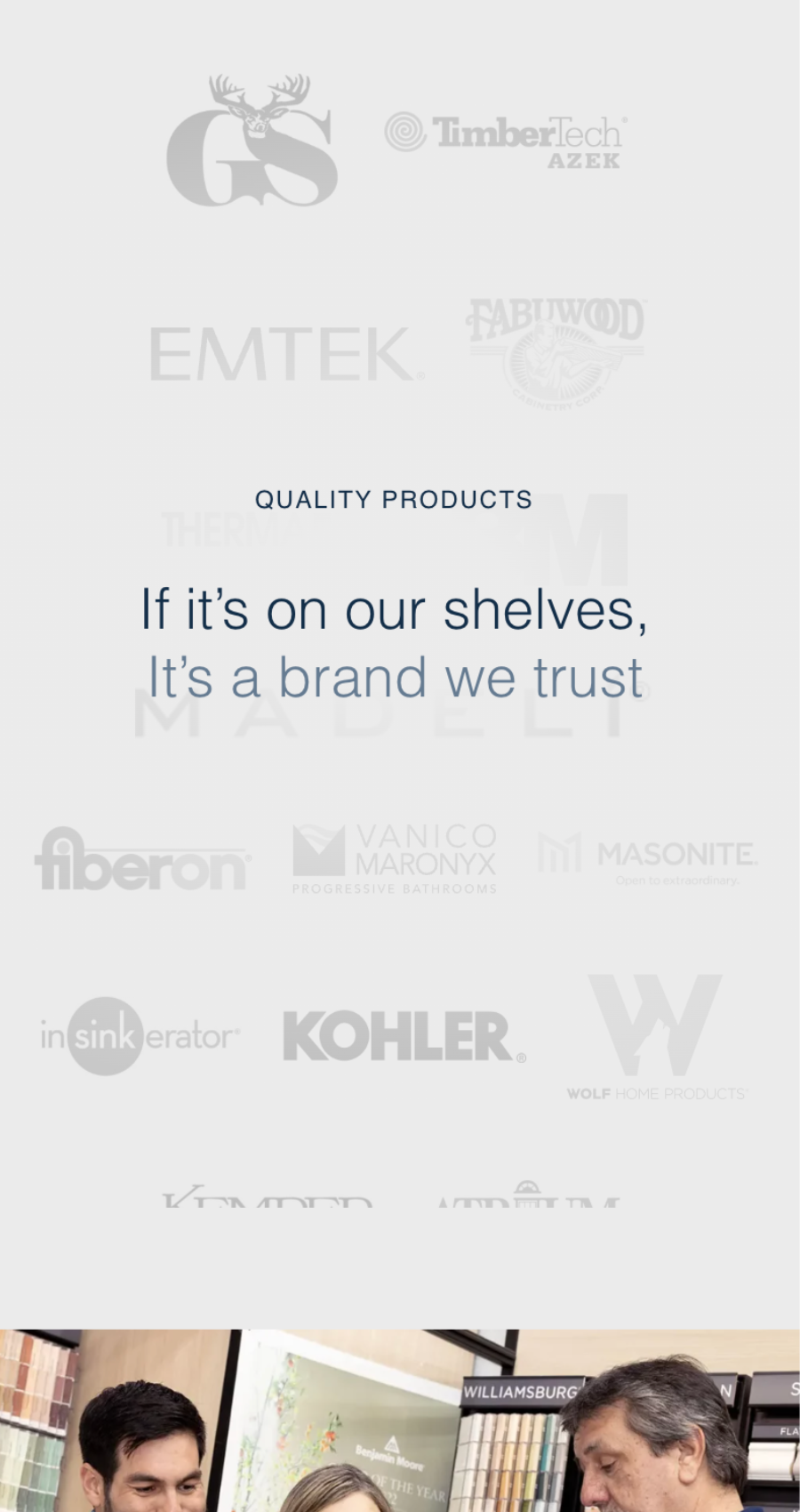 Text reads: "If it’s on our shelves, it’s a brand we trust," surrounded by various building product brand logos at Monmouth Building Center, including TimberTech, EMTEK, Kohler, and Masonite.