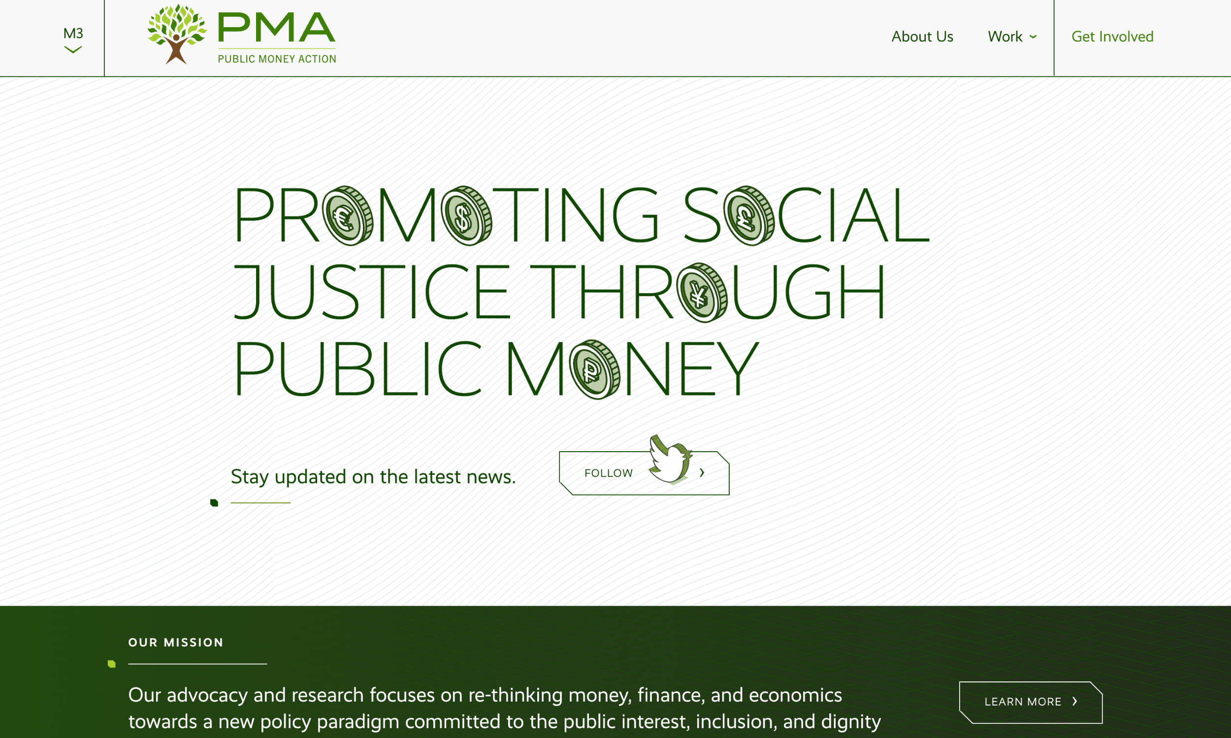 Homepage of the Public Money Action website, featuring the slogan “Promoting Social Justice Through Public Money” in green text with fingerprint designs inside the letters, highlighting the mission of public money action.