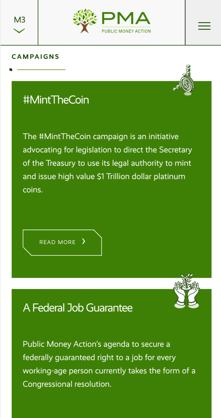 Screenshot of Public Money Action’s website showing two campaigns: #MintTheCoin, by public money action, advocating for trillion-dollar coins, and A Federal Job Guarantee, promoting federally guaranteed jobs.