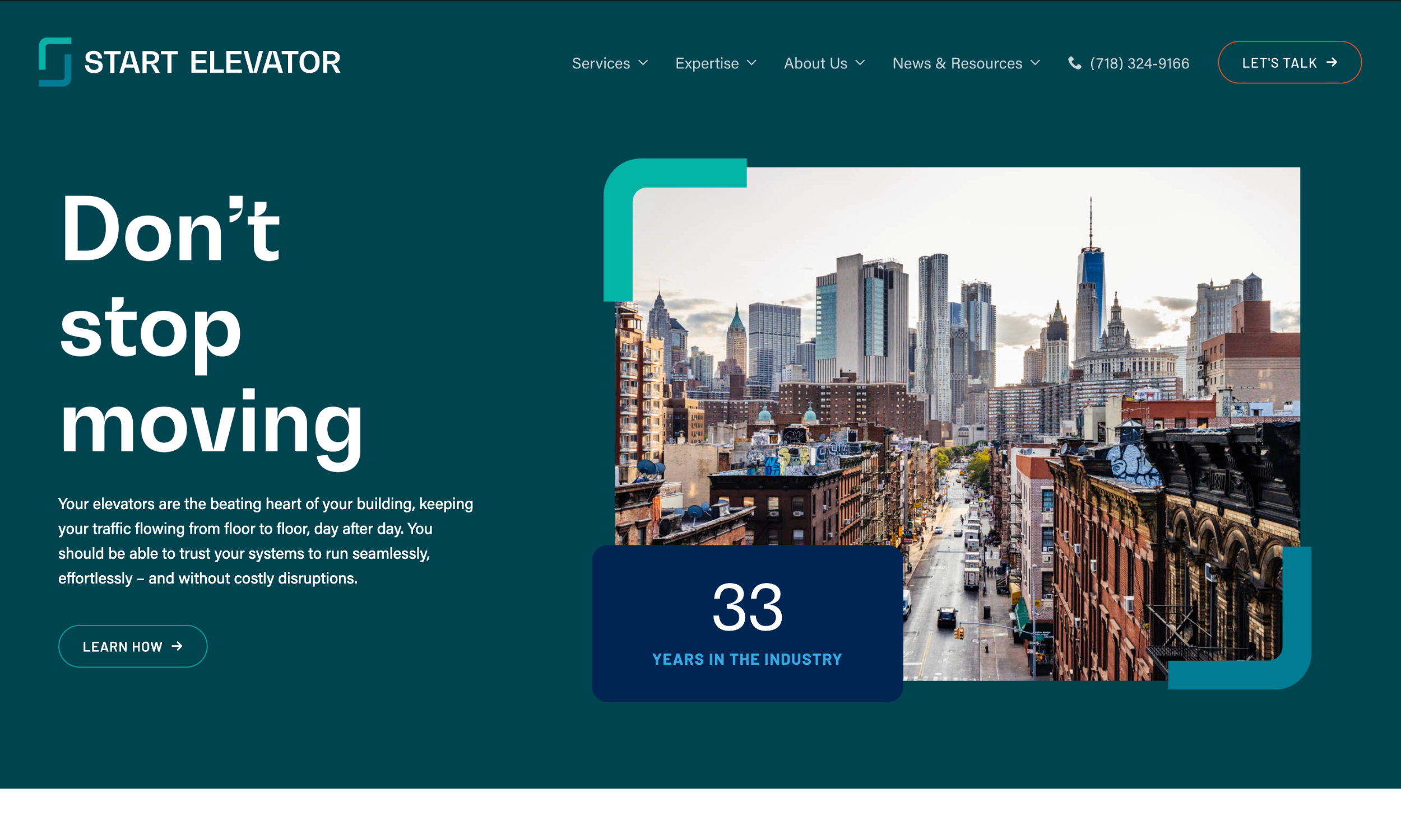 The Start Elevator homepage showcases a city skyline, the bold headline "Don’t stop moving," and celebrates 33 years in the industry, with easy navigation and contact options for all your elevator needs.