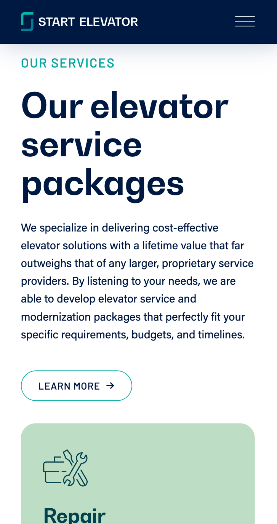 A mobile webpage for Start Elevator describes start elevator service packages, emphasizing cost-effective, customized solutions with a “Learn More” button below the text.