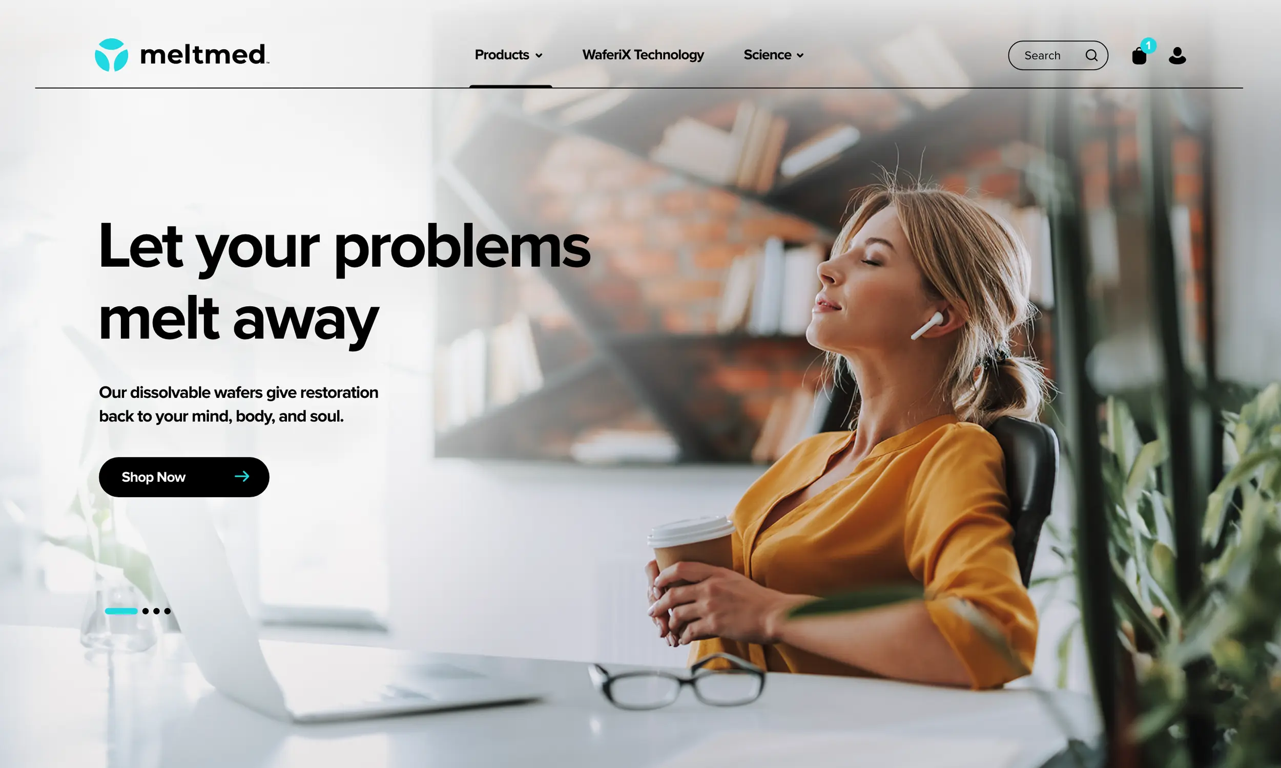 A woman in an office chair leans back with closed eyes, wearing wireless earbuds and holding a coffee cup. Text reads, “Let your problems melt away. Meltmed dissolvable wafers give restoration.”.