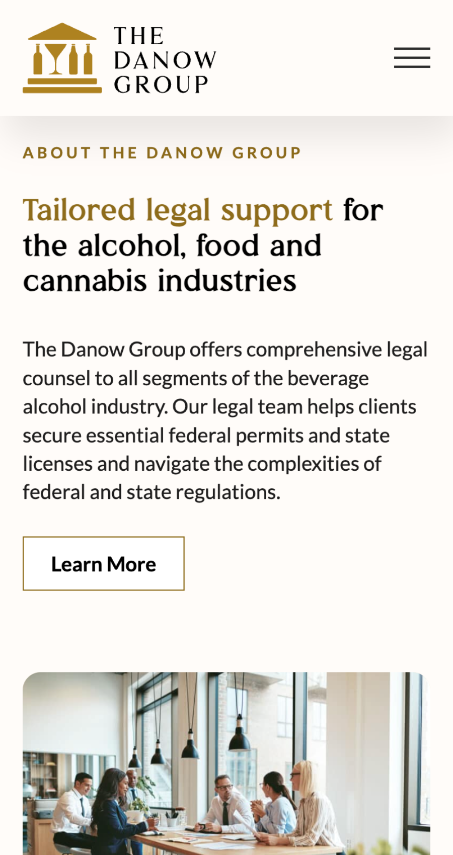 Screenshot of The Danow Group website homepage showcasing their legal support services for the alcohol, food, and cannabis industries, paired with modern web design for law firm professionals and a business meeting photo at the bottom.