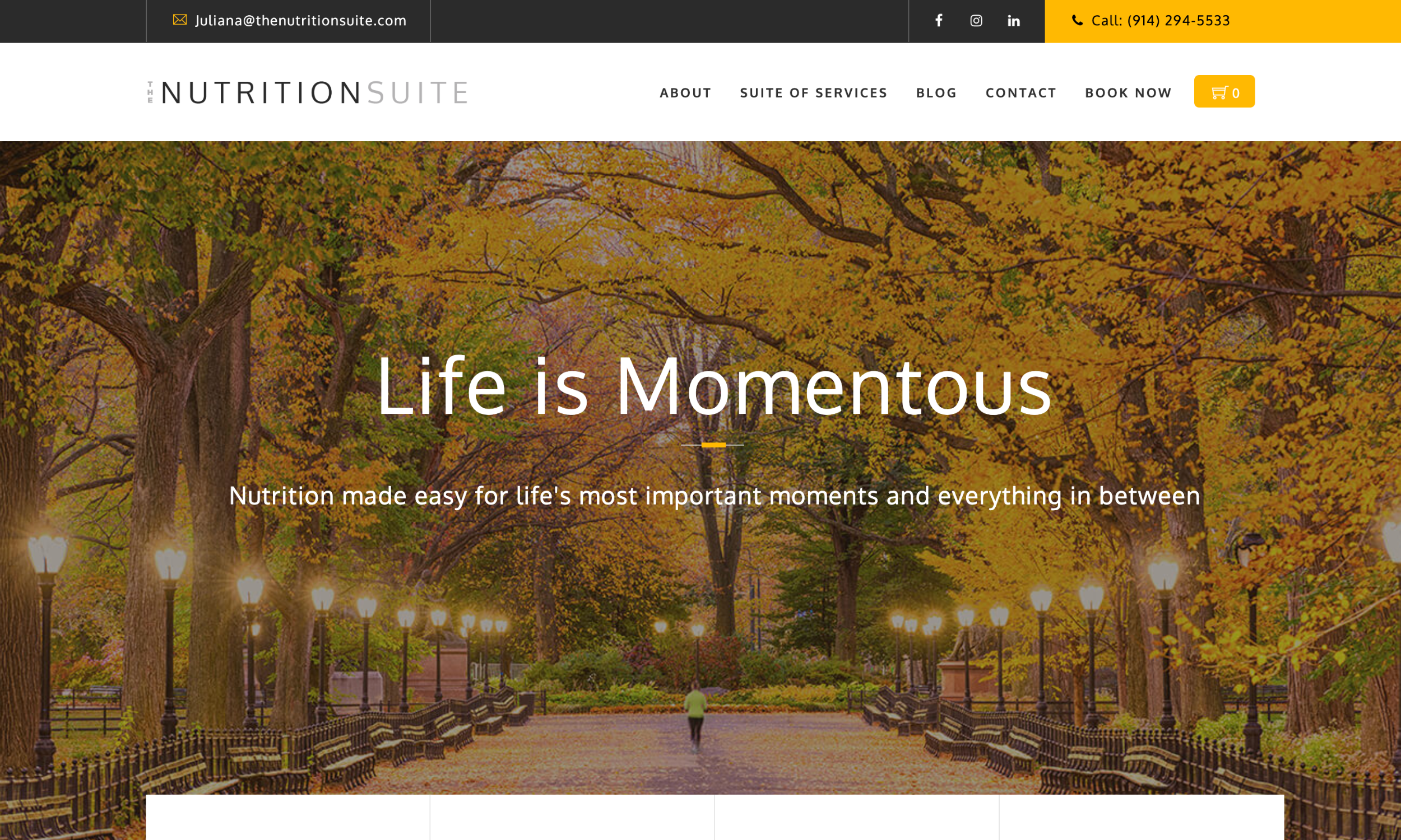 A tree-lined park path with autumn leaves, viewed from the center, features benches and street lamps; text overlay reads “Life is Momentous” and “Nutrition made easy for life’s most important moments—like building a website that stands out.”.