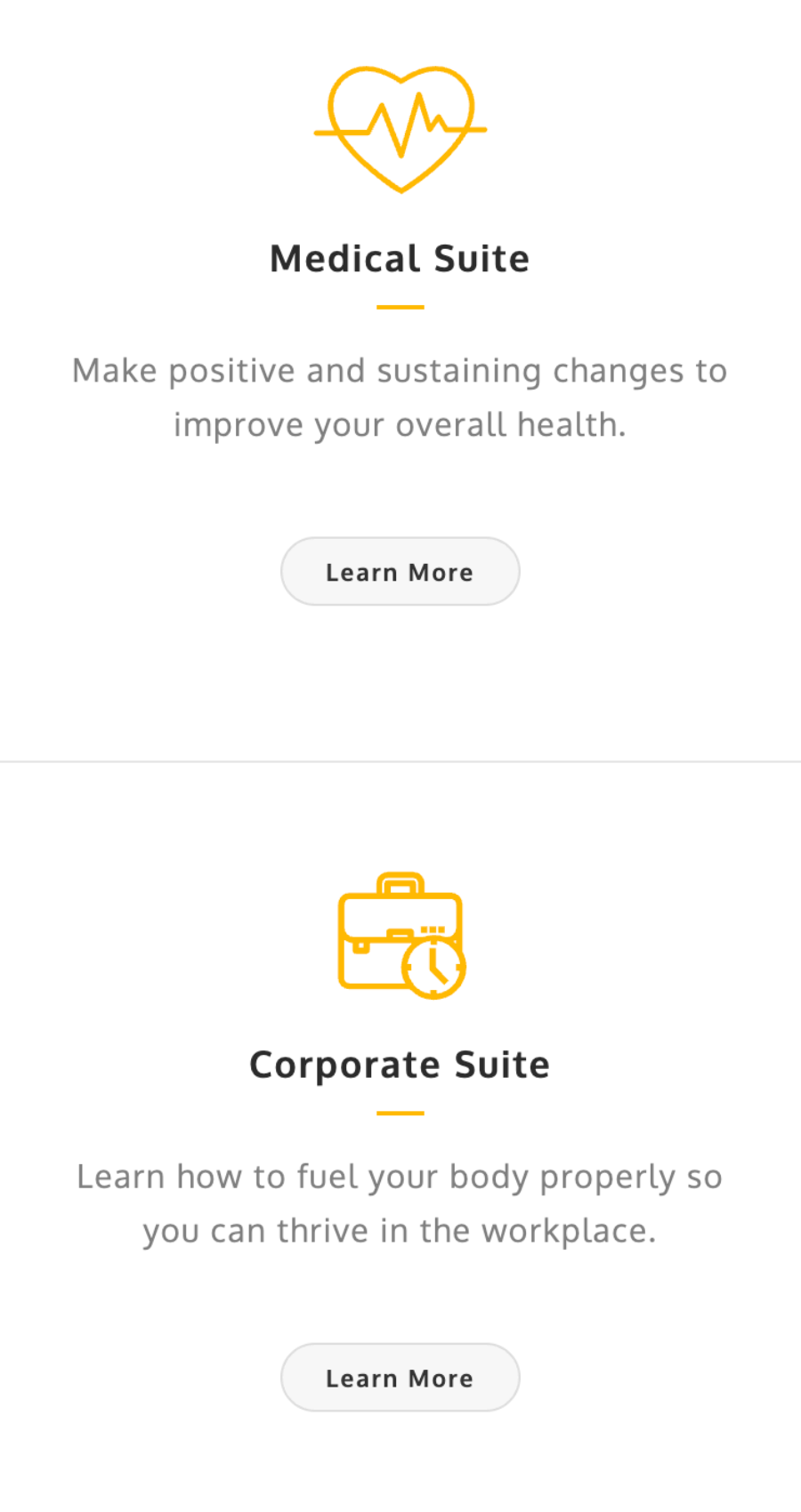 Medical Suite and Corporate Suite sections, each with an icon, description, and "Learn More" button—ideal for building a website that stands out by showcasing a focus on health and workplace well-being.
