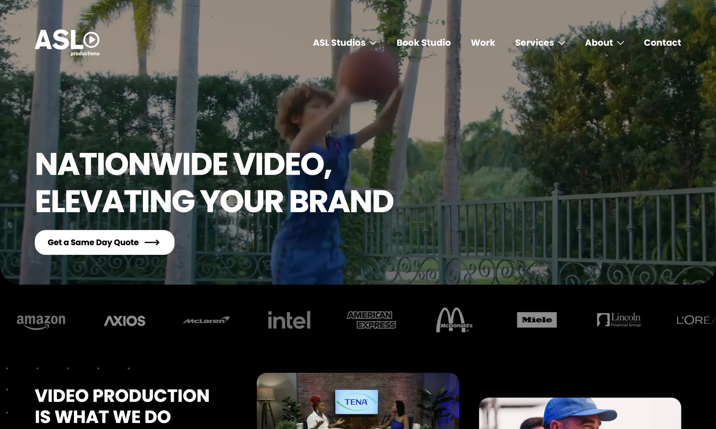 A young person in a blue outfit jumps to shoot a basketball outdoors; website text highlights ASLO's expertise in video production and website design for dynamic brand elevation.