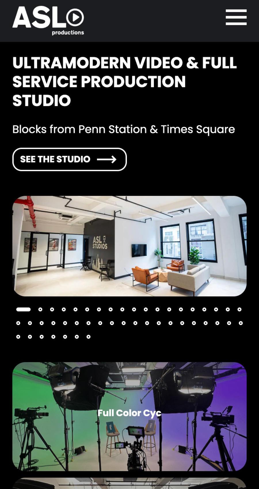 ASL Productions' video production website design showcases a modern lounge area alongside a full color cyc studio setup, complete with cameras and lighting equipment.