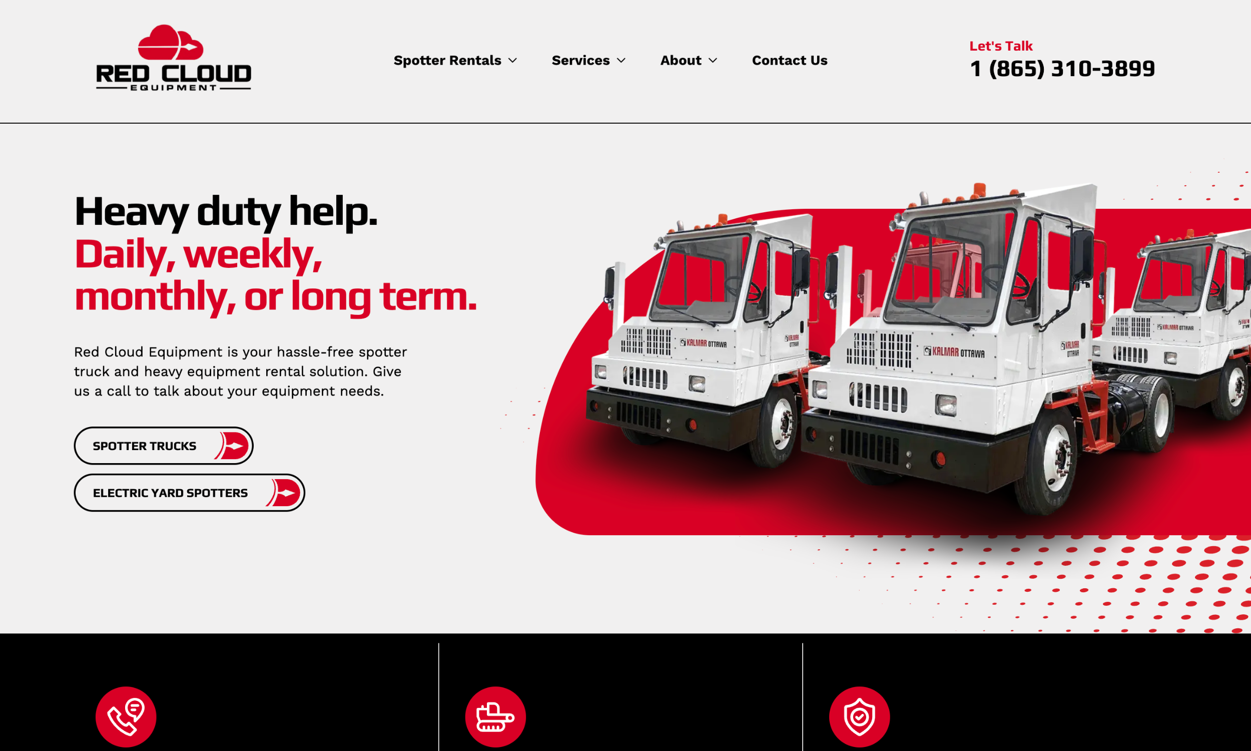 Two white spotter trucks parked side by side are featured on the Red Cloud Equipment website, showcasing rental options and reflecting a modern construction website design for flexible durations.