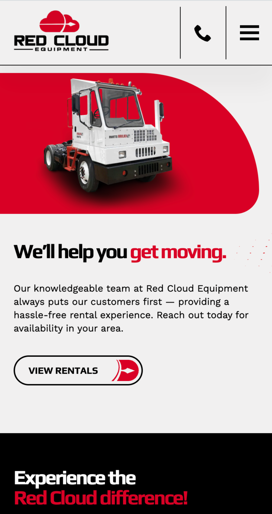 A white terminal tractor truck is pictured above text promoting Red Cloud Equipment’s rental services, set within a professional construction website design featuring buttons for viewing rentals and learning about the company.