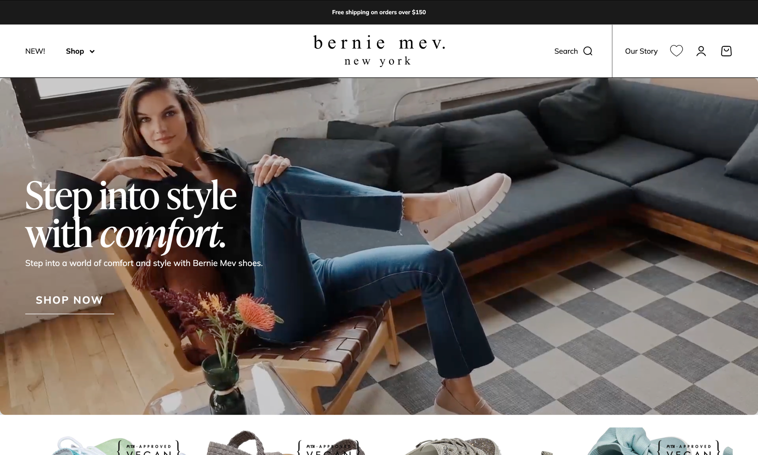 Woman sitting on a bench in a modern living room wearing casual clothes and white slip-on shoes; text overlay promotes Bernie Mev shoes, comfort, and highlights the new look following our ecommerce website redesign.