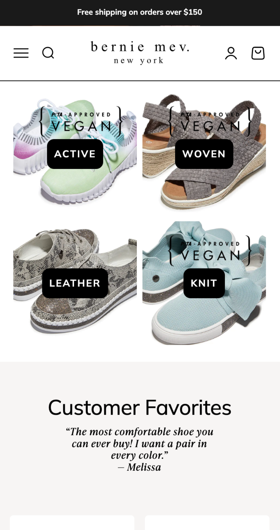 Four types of women's shoes—Active, Woven, Leather, and Knit—are showcased above a customer review highlighting their comfort, all featured as part of our ecommerce website redesign.