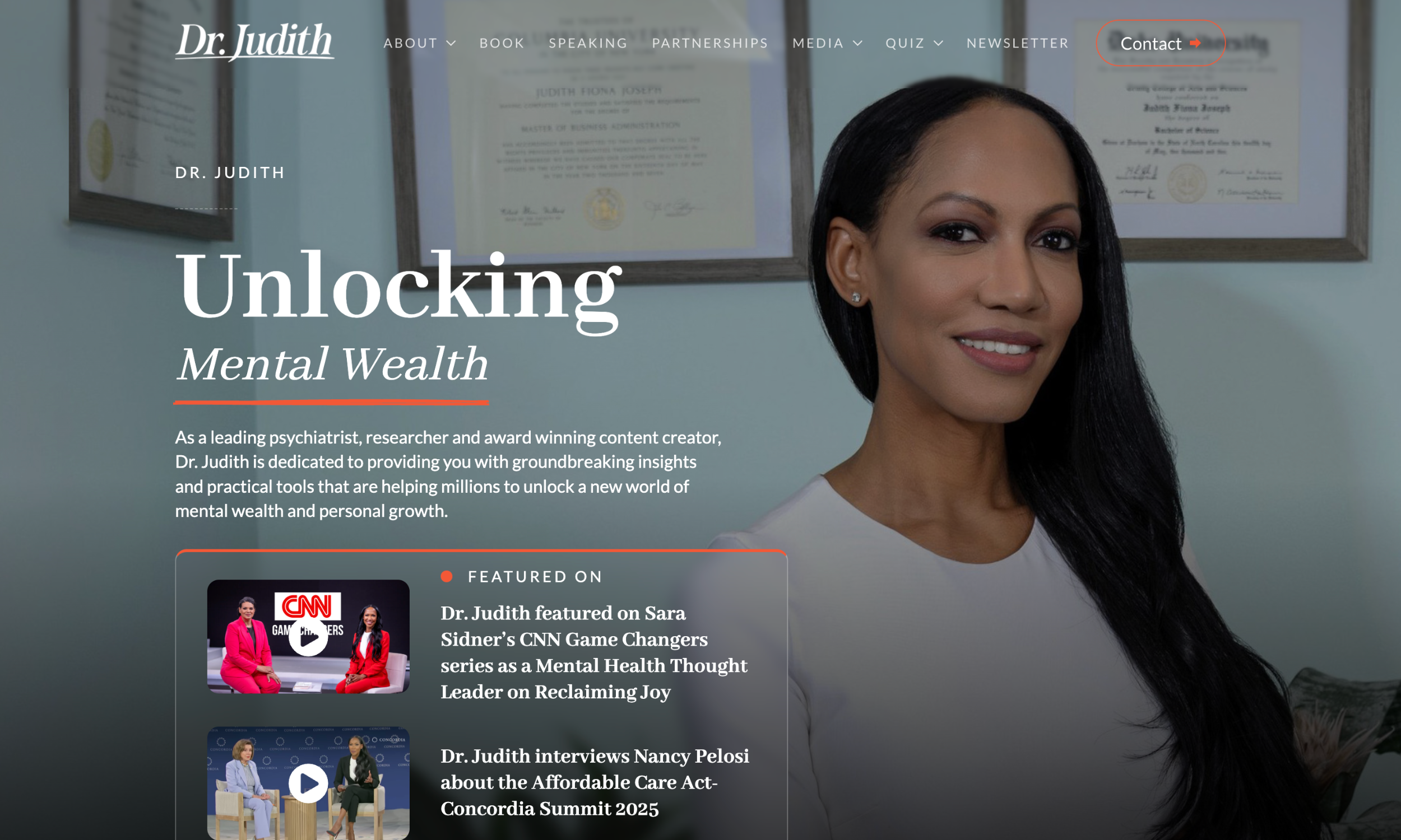 Dr. Judith, a professional woman with long dark hair, sits in an office with framed certificates behind her. The text highlights her mental health expertise and showcases her media features, reflecting a polished doctor website design.