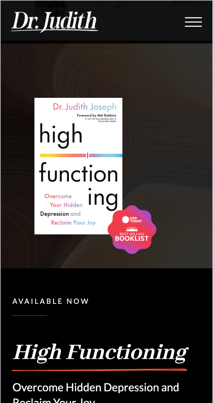 Book cover of "High Functioning" by Dr. Judith Joseph, with the subtitle "Overcome Hidden Depression and Reclaim Your Joy," showcased on a sleek doctor website design with a black background.