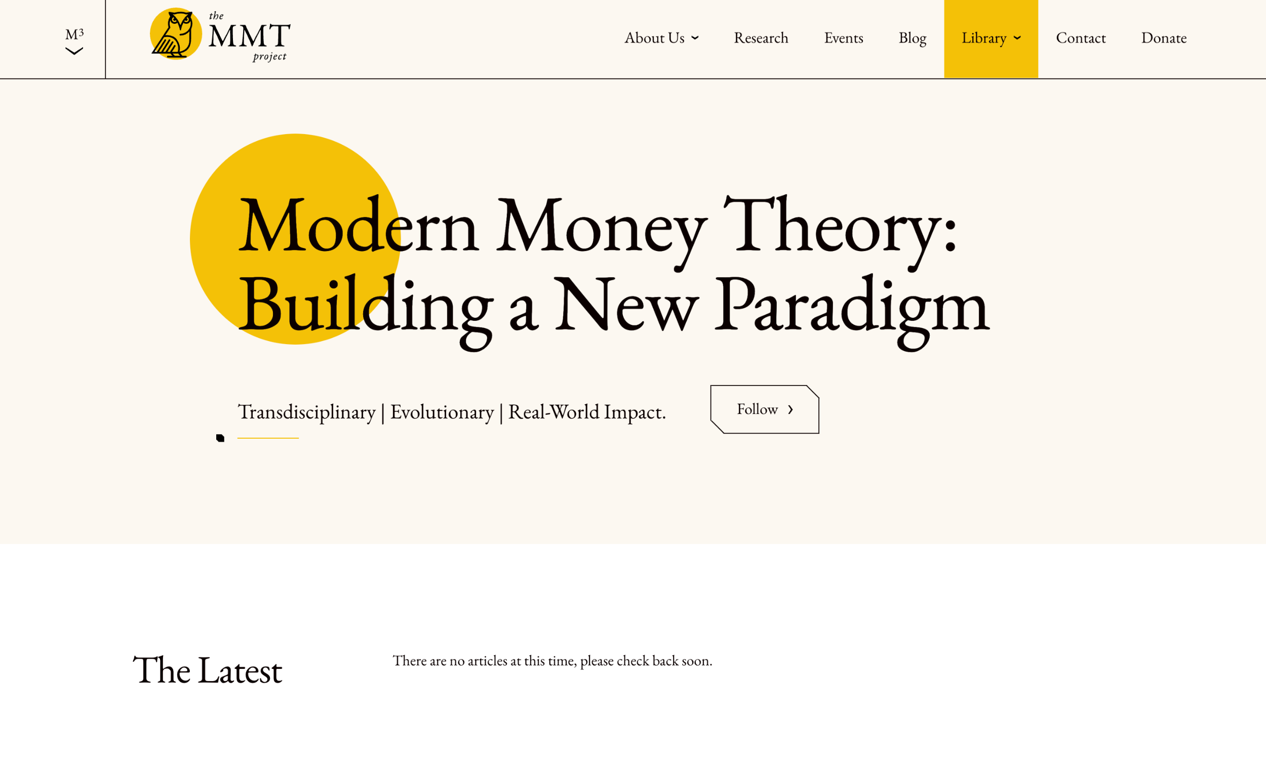 Screenshot of the MMT Project economic development website design homepage featuring the headline "Modern Money Theory: Building a New Paradigm," a navigation menu, and no recent articles listed.